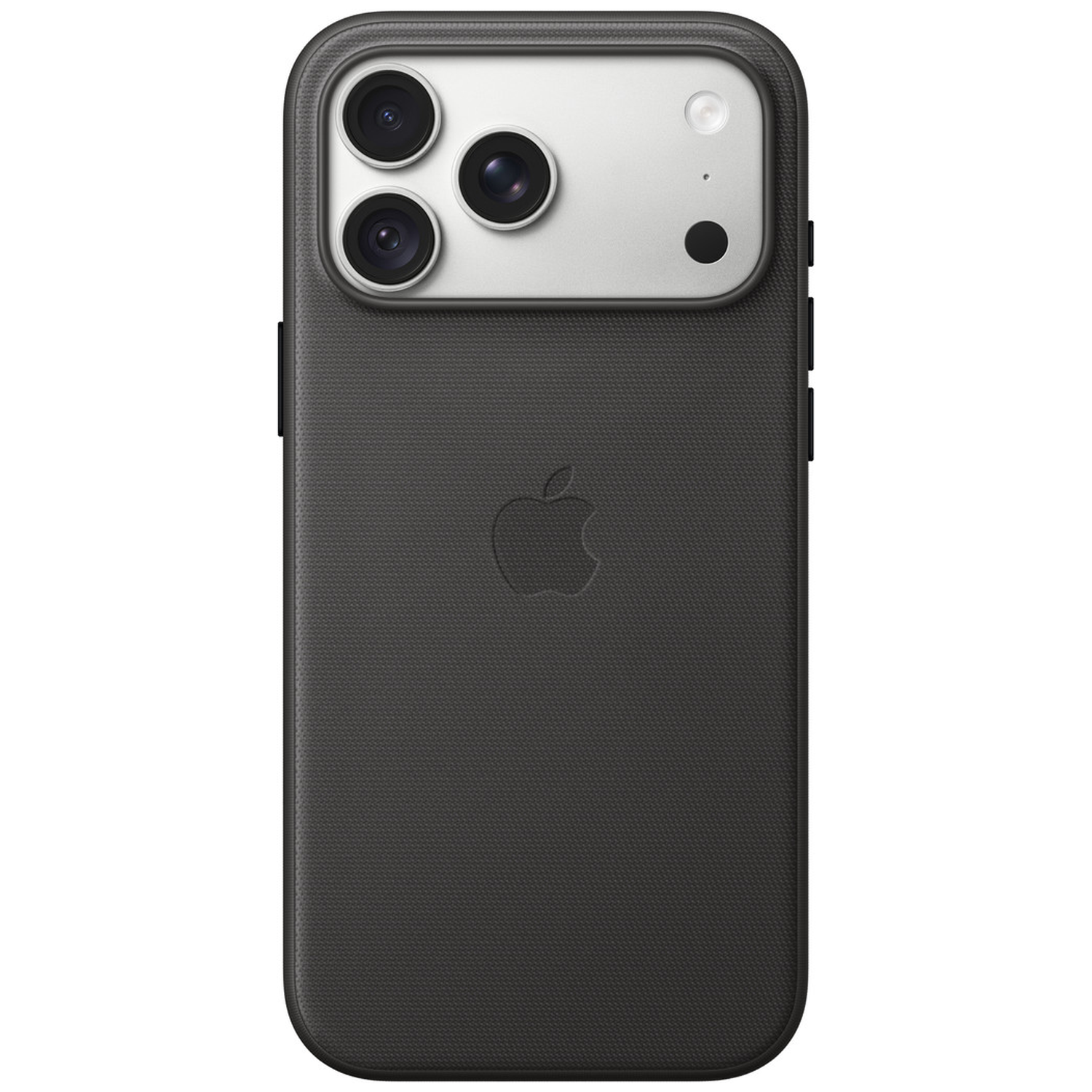 Un smartphone noir dans une coque texturée avec triple capteur photo et logo Apple au dos.