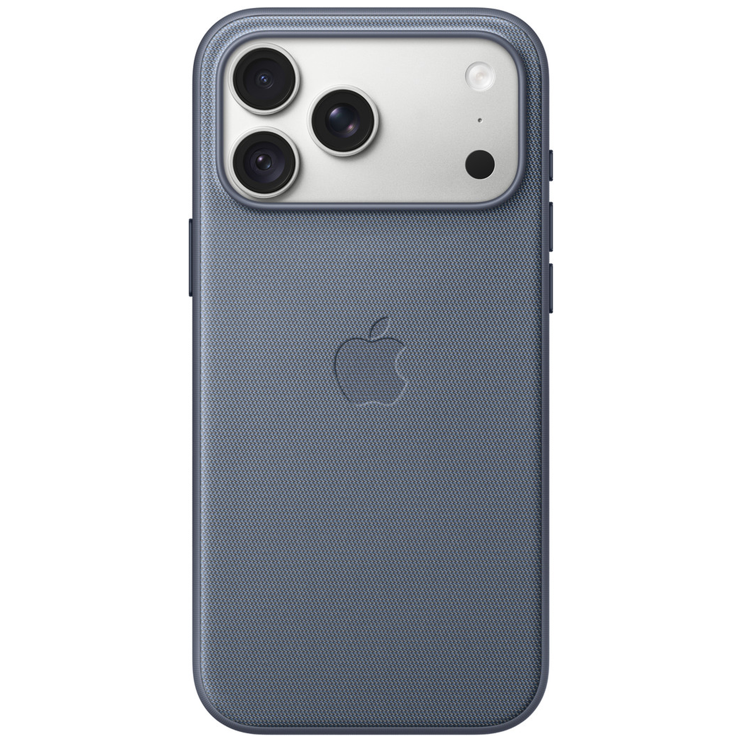 Smartphone bleu avec coque tissée, logo Apple au dos et module photo surélevé à trois objectifs.