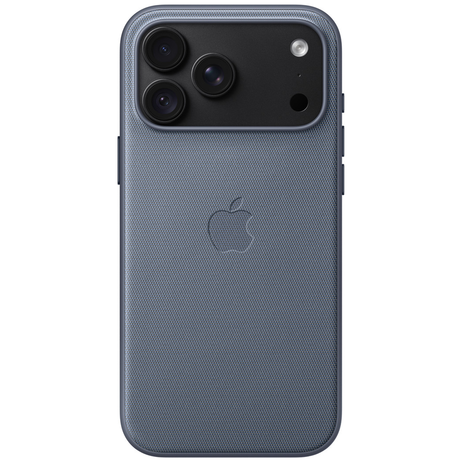Dos d'un iPhone bleu dans une coque avec trois caméras en haut et le logo Apple au centre.