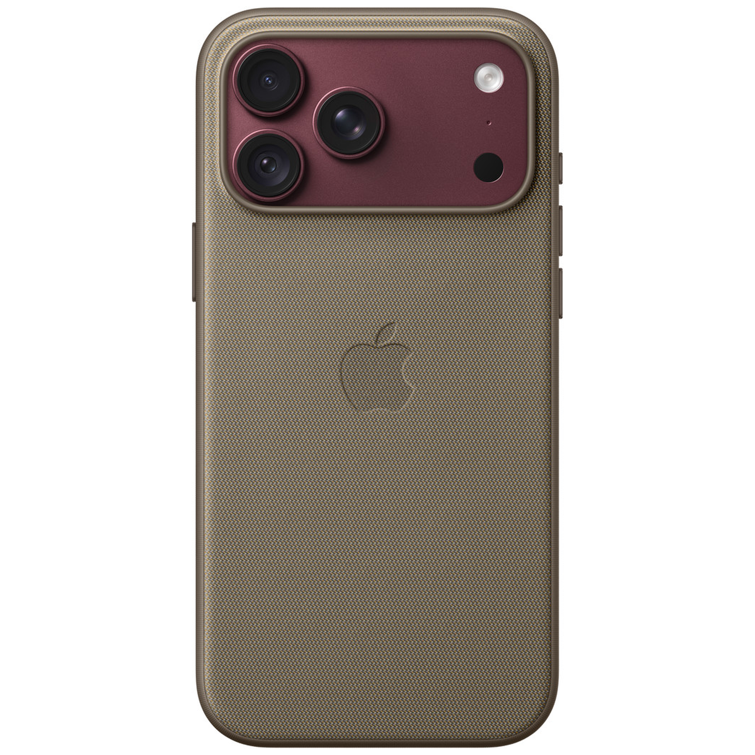 Dos d'un smartphone marron texturé avec un module photo rouge en haut et un logo Apple au centre.