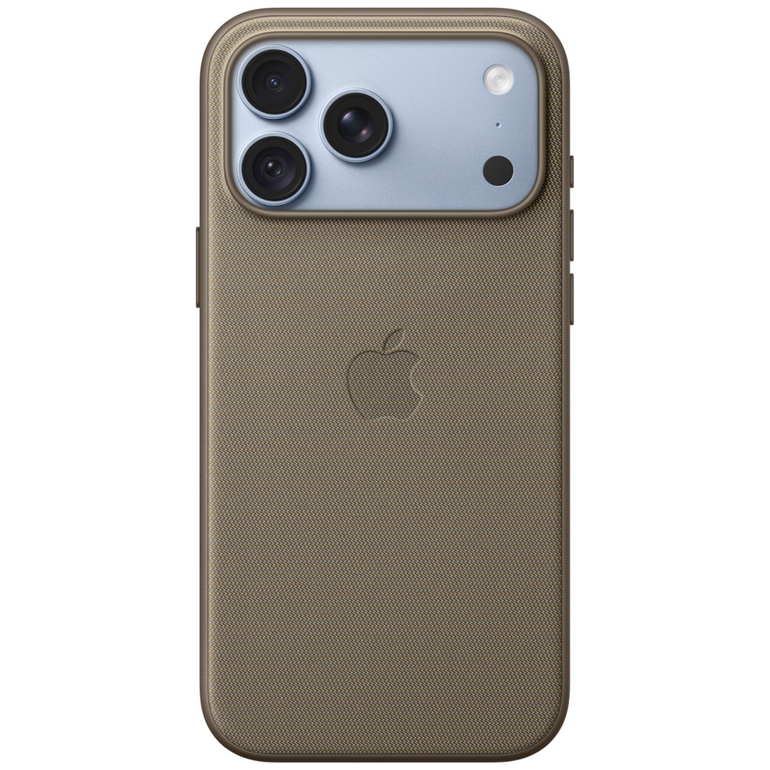 Dos d'un smartphone dans une coque en tissu marron avec un module triple caméra et le logo Apple.