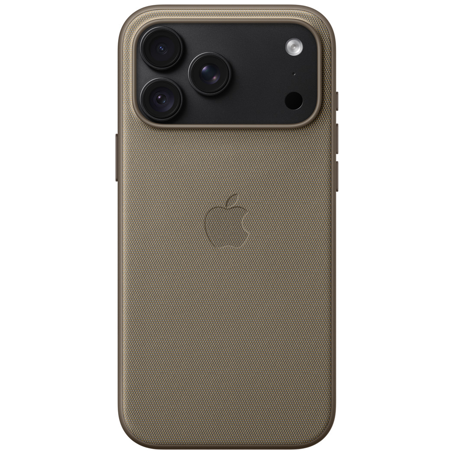 Dos d'un smartphone marron avec une texture en tissu tissé, le logo Apple et un triple appareil photo.