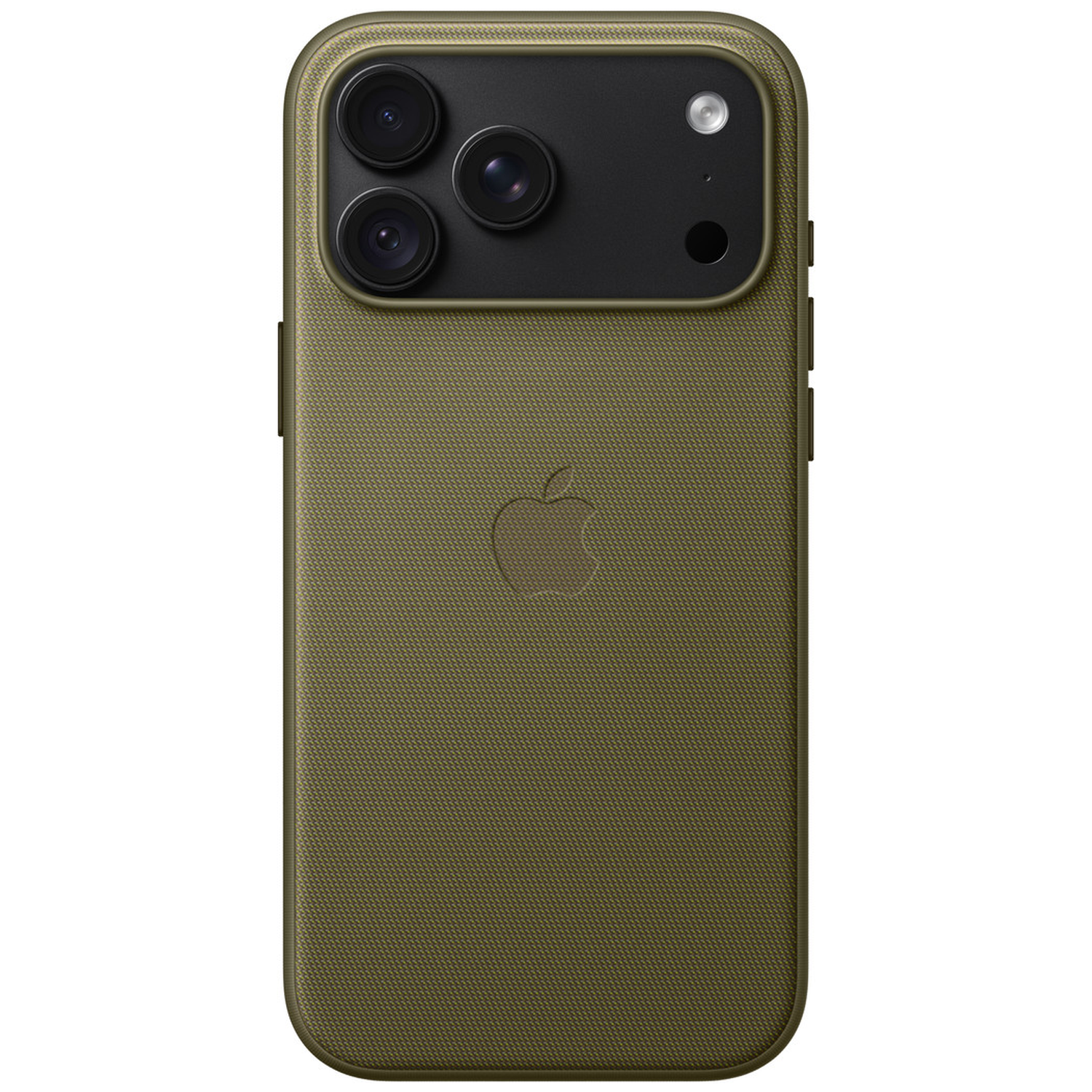 Dos d'un smartphone dans une coque en tissu vert olive avec appareil photo et logo Apple.