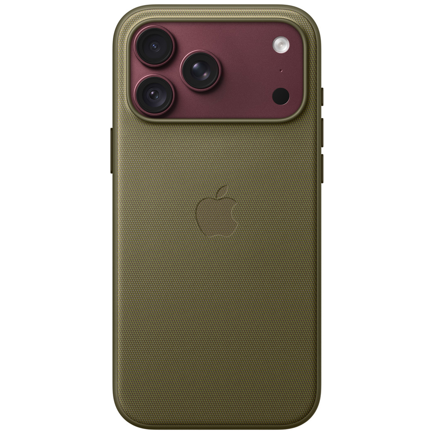 Smartphone vert avec coque texturée, logo Apple et triple caméra dans un module à bordure rouge.