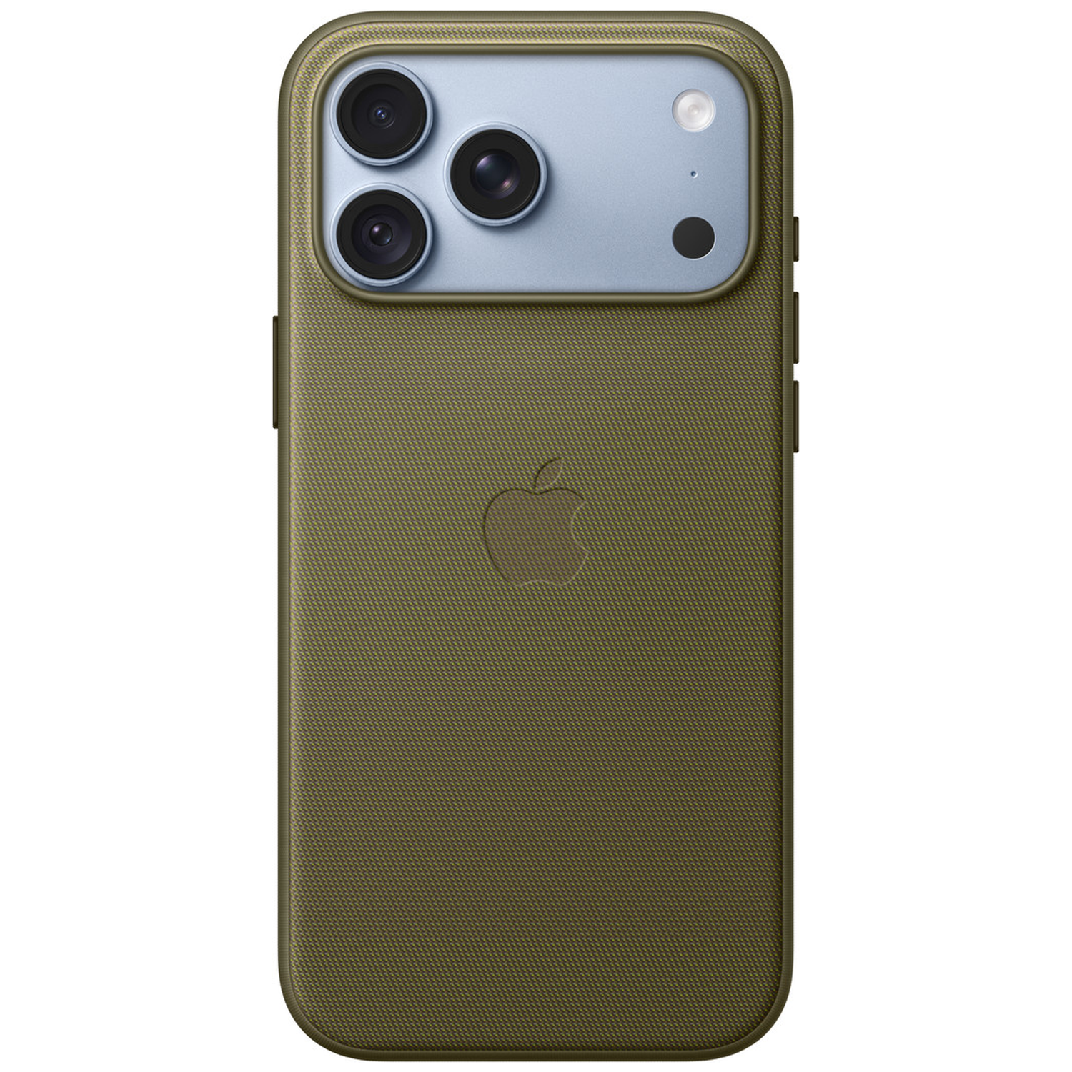 Coque iPhone vert olive en tissu texturé avec logo Apple, découpe pour appareil photo en haut.