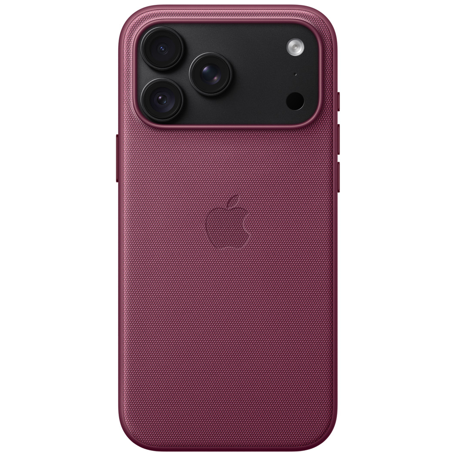 Achterkant van een bordeauxrode smartphone met triple camera en Apple-logo.