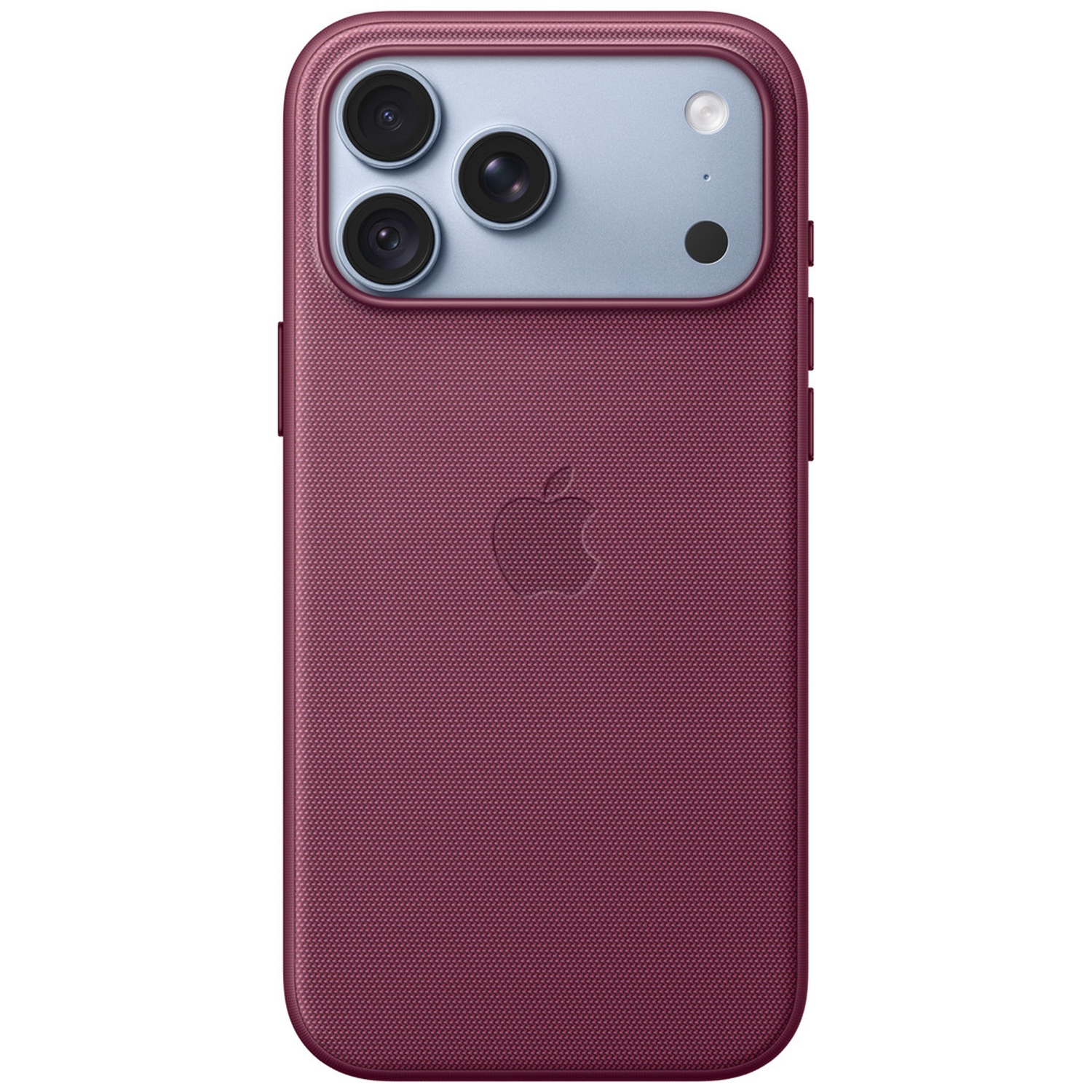 Achterkant van een rode smartphone met geweven hoesje, drie camera's en Apple-logo.