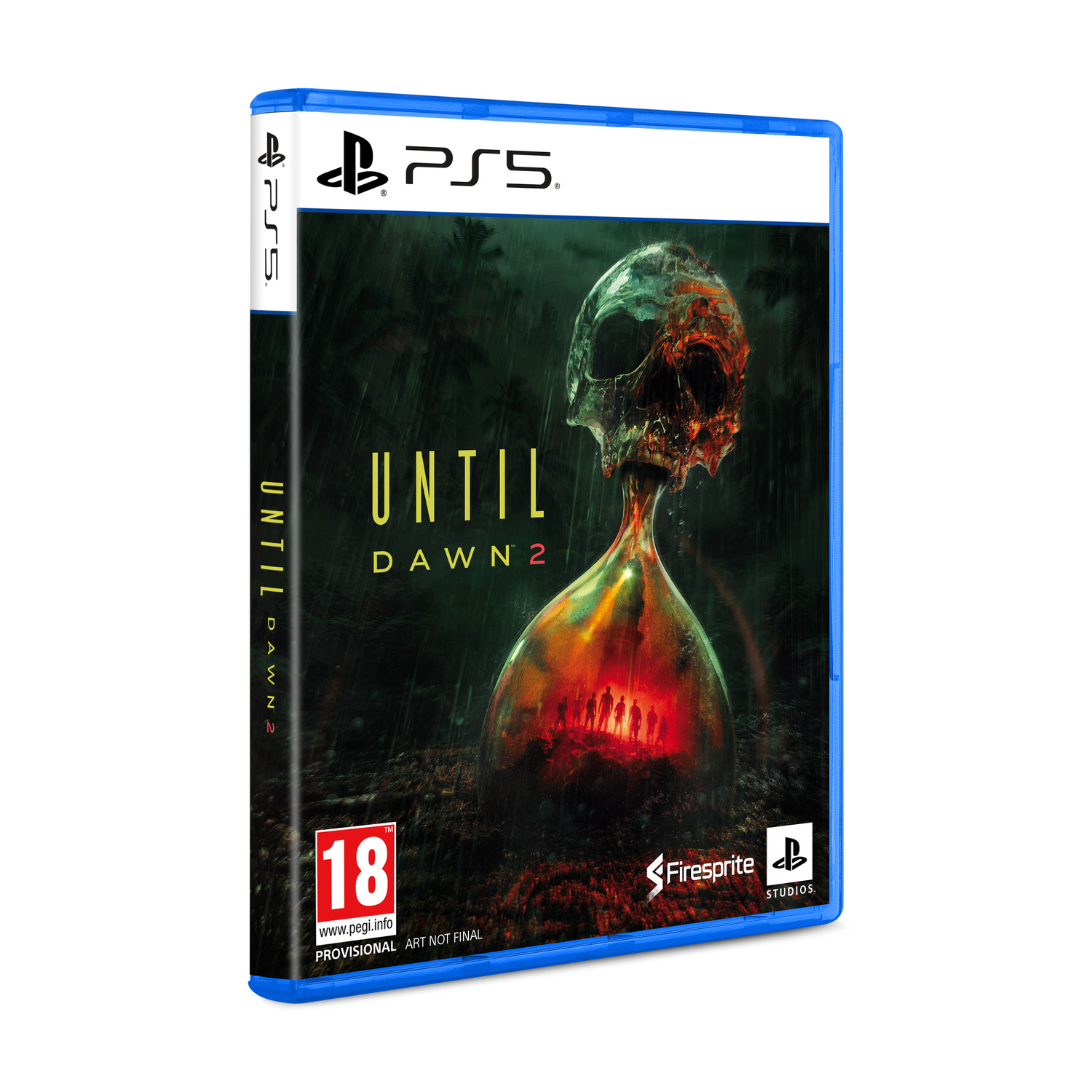 Custodia per PS5 di Until Dawn 2 con una clessidra a teschio e piccole figure.