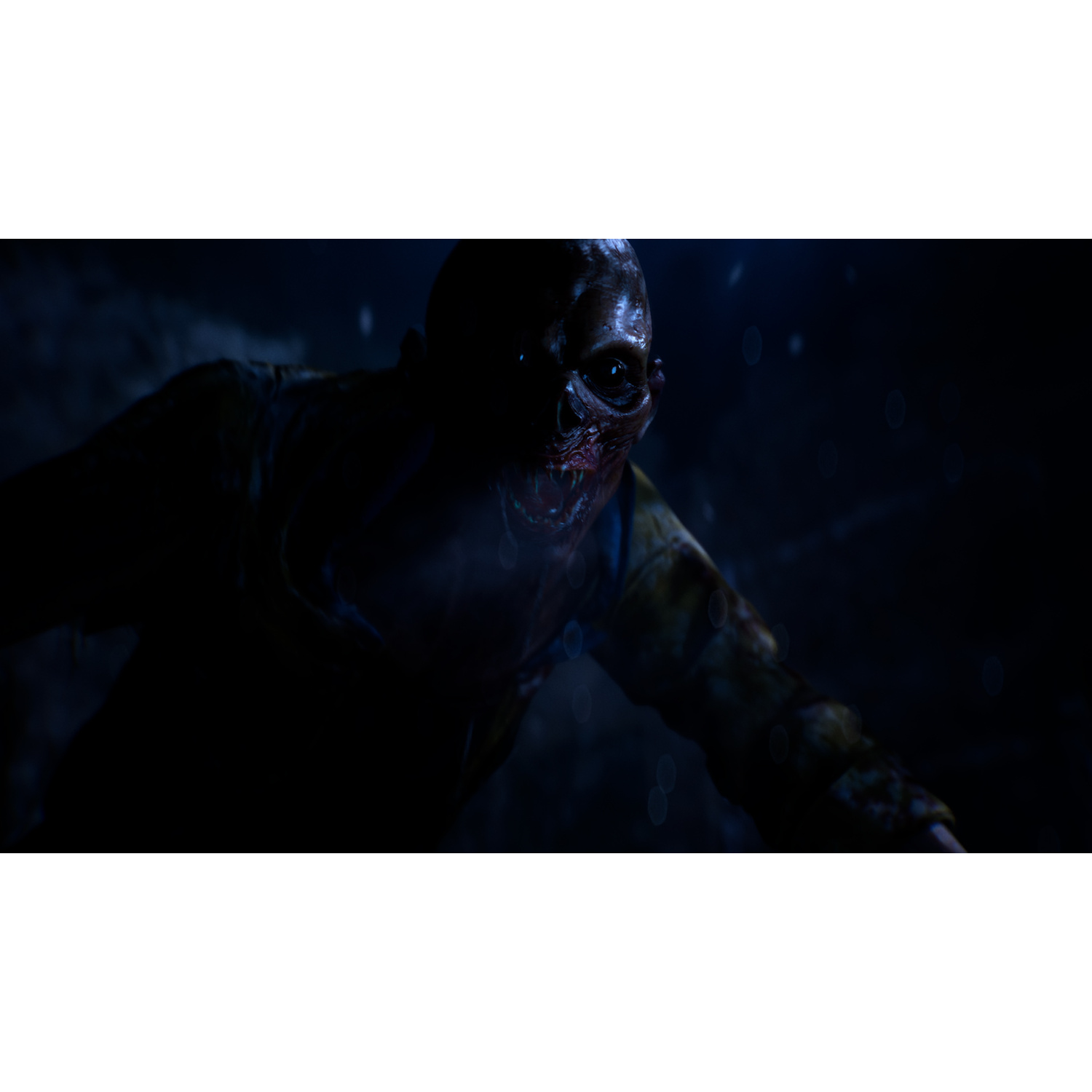 Uno zombi terrificante dalla pelle pallida con occhi luminosi e denti affilati emerge nell'oscurità.