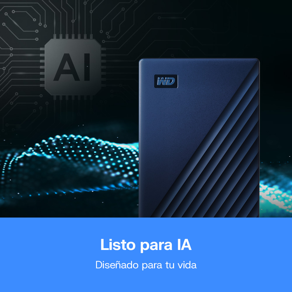 Disco duro azul WD sobre un fondo de microchip con puntos brillantes.