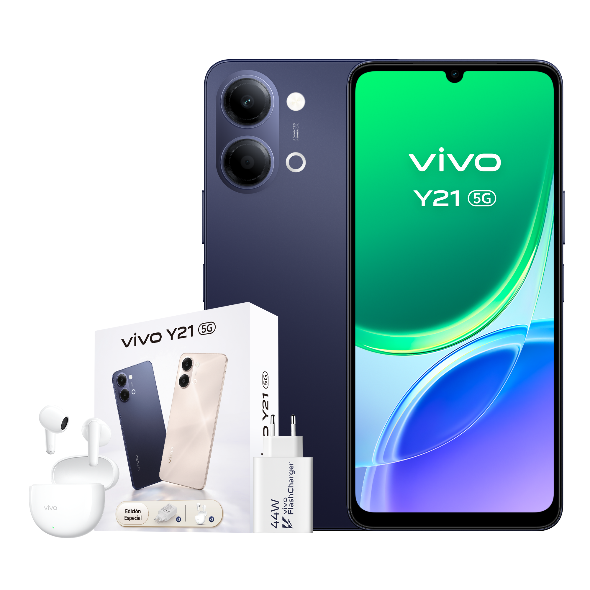 Smartphone Vivo Y21 5G en azul con caja, cargador y auriculares blancos sobre fondo negro.