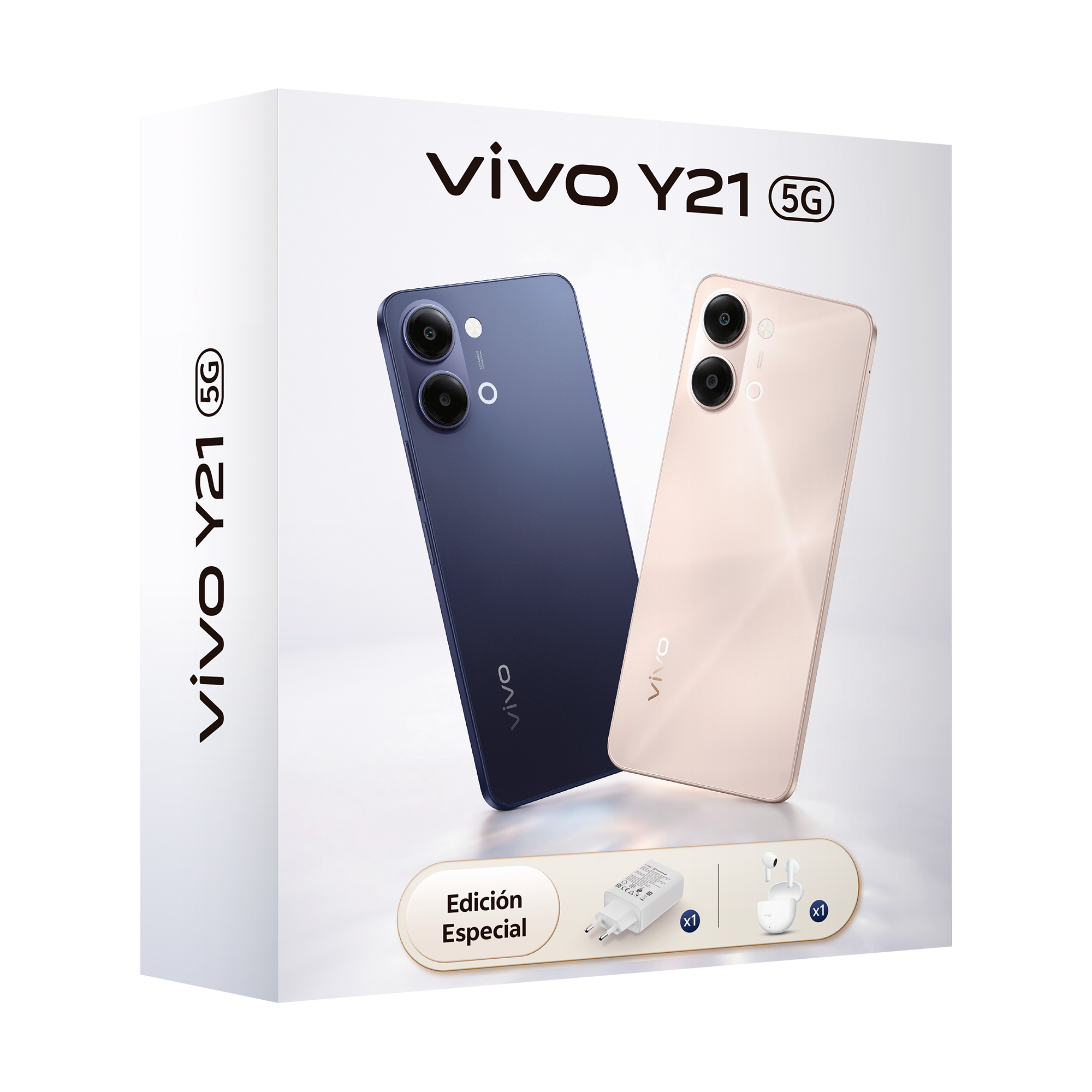 Caja de smartphone Vivo Y21 5G con teléfonos azul y dorado, cargador e icono de auriculares.