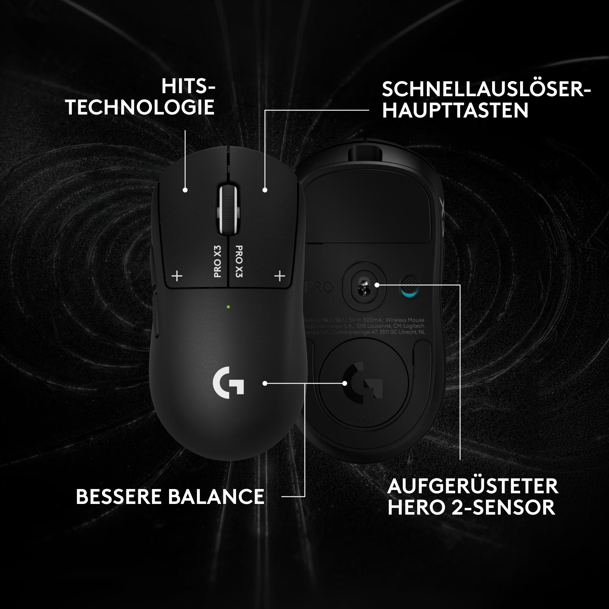 Schwarze Gaming-Maus mit Technologie-Labels auf dunklem Hintergrund.