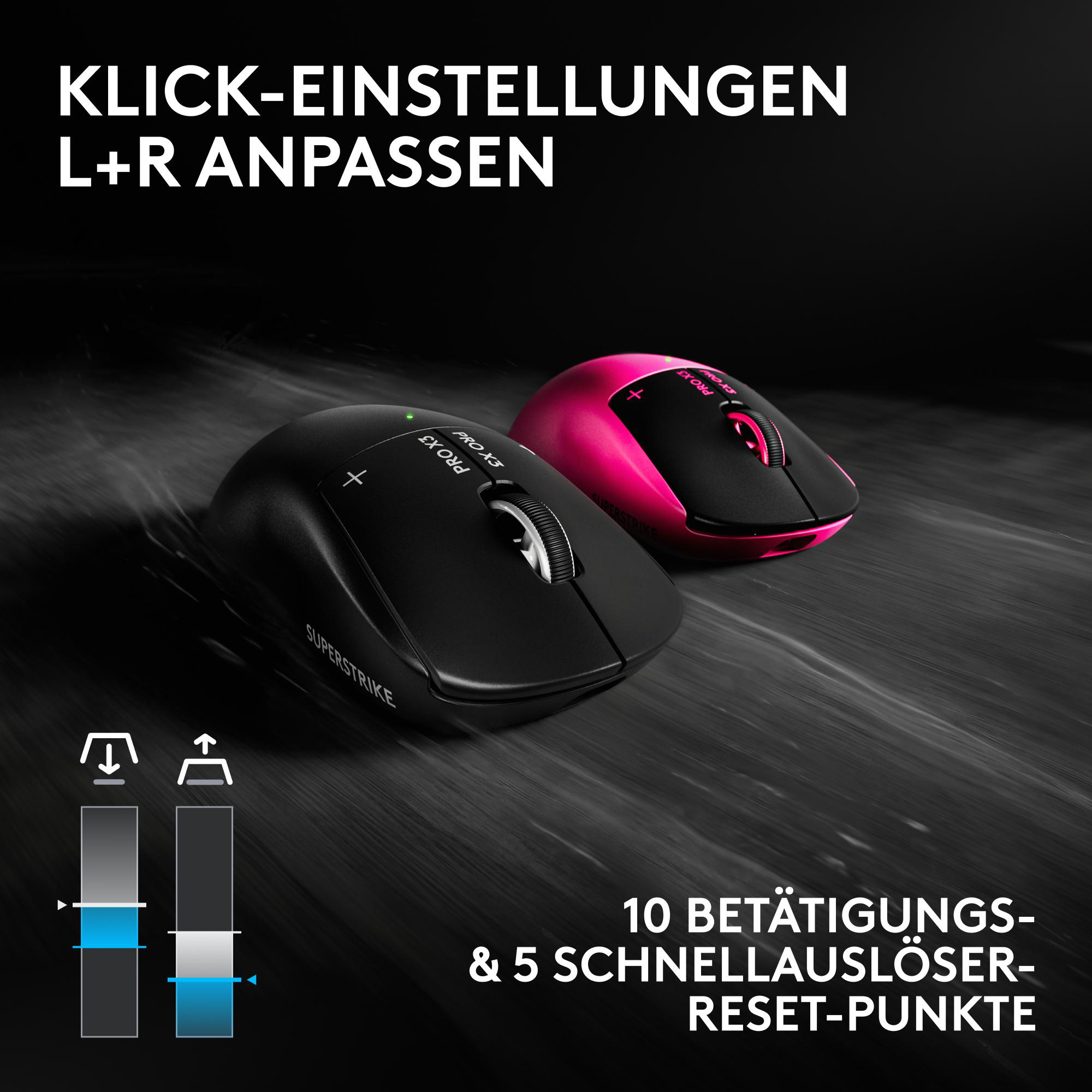 Zwei Gaming-Mäuse in Schwarz und Pink auf dunklem Untergrund mit deutscher Produktwerbung und Grafiken.