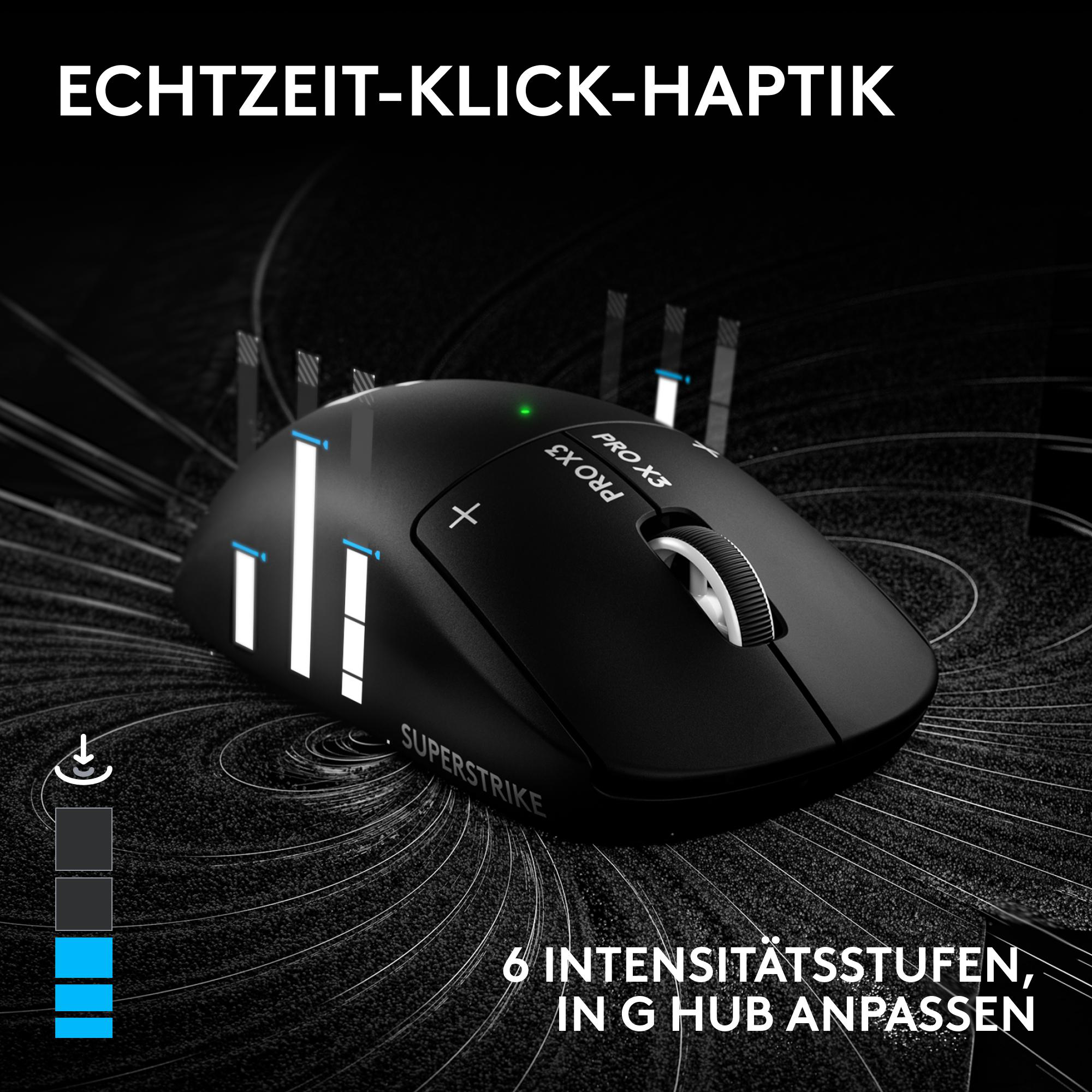 Eine schwarze Computermaus auf dunkler, texturierter Oberfläche mit leuchtenden blauen Intensitätsanzeigen.