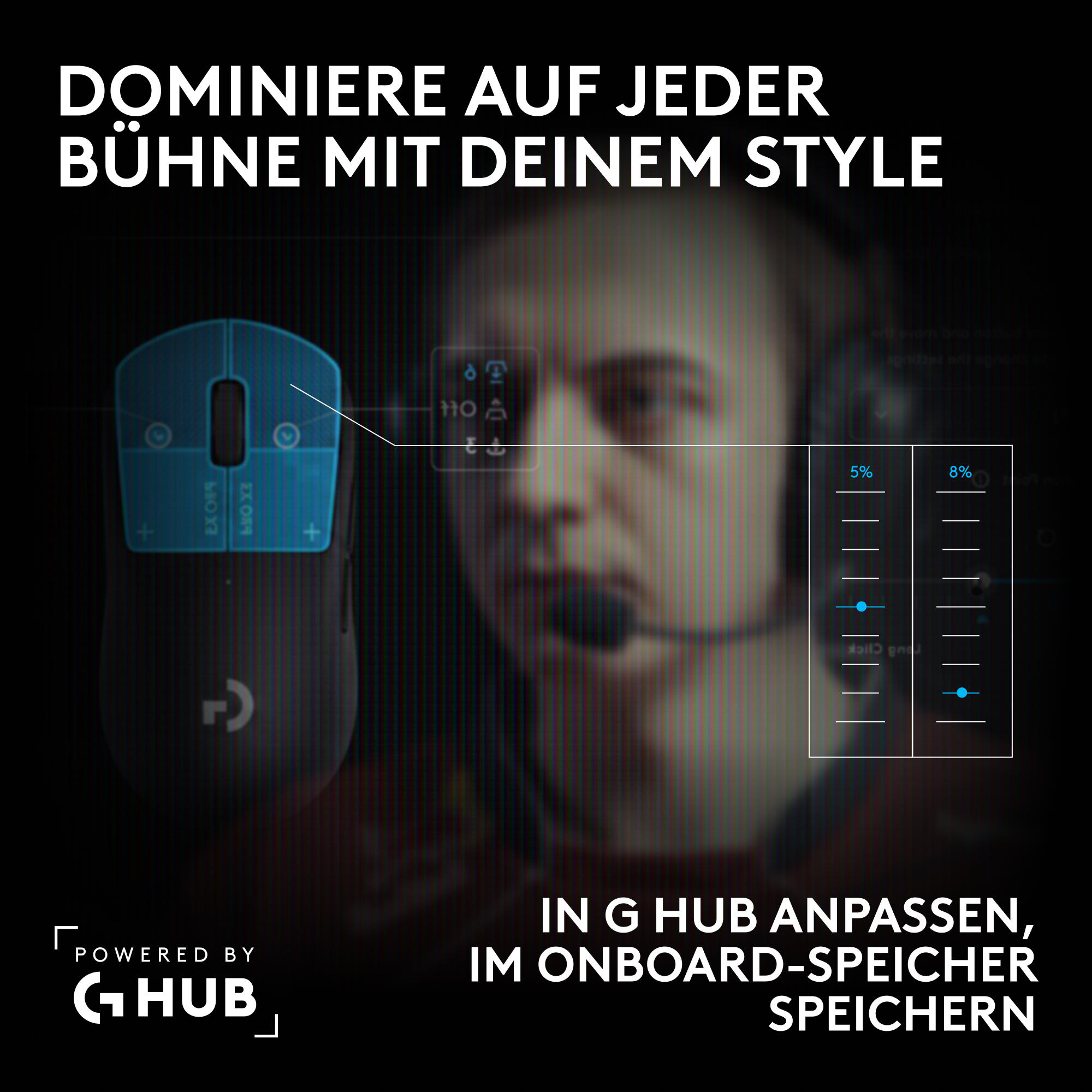 Ein Gaming-Maus neben einem Spieler mit Headset und G HUB Software-Einstellungen für Anpassungen.