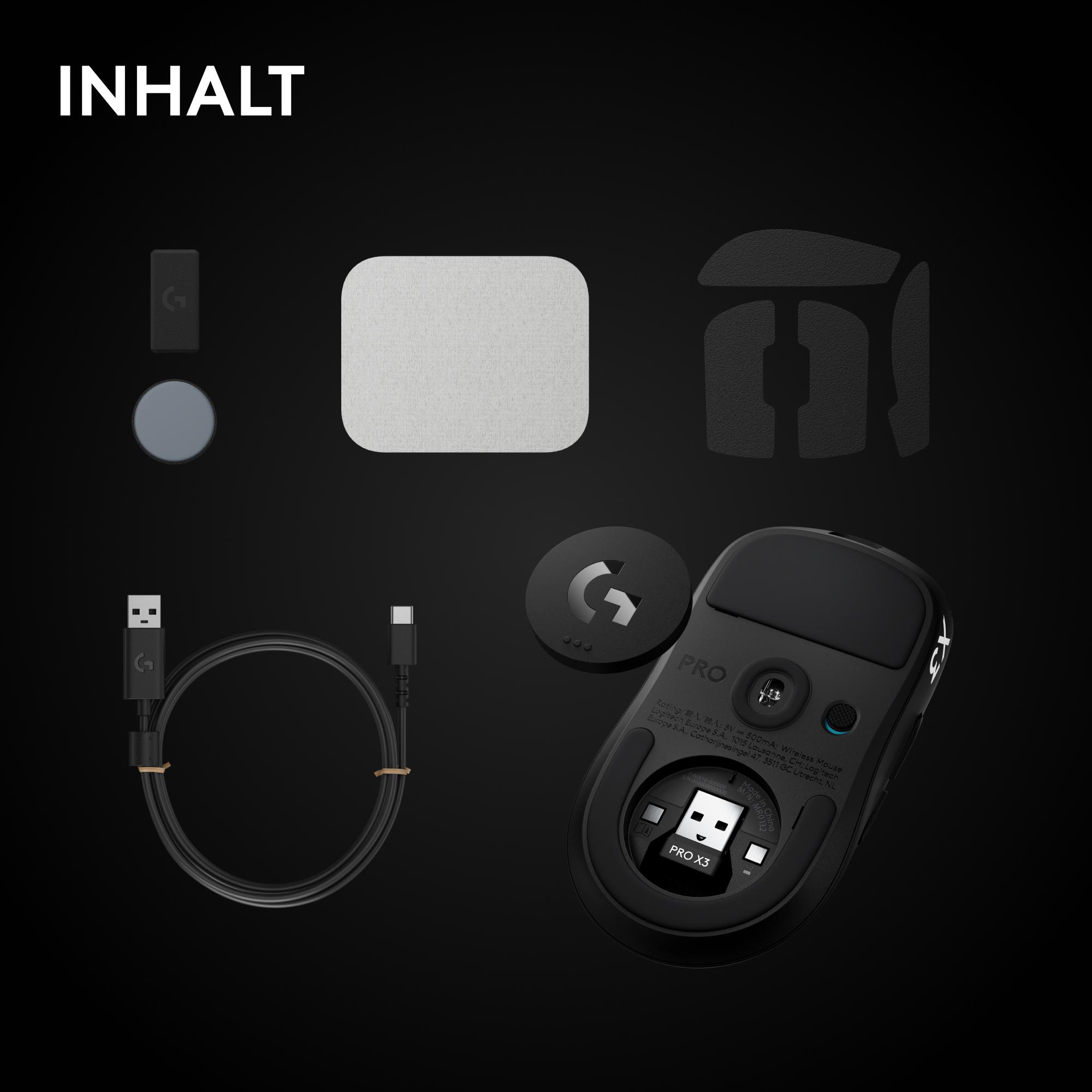 Packungsinhalt mit schwarzer Gaming-Maus, USB-C-Kabel, Empfänger und Zubehör auf schwarzem Hintergrund.