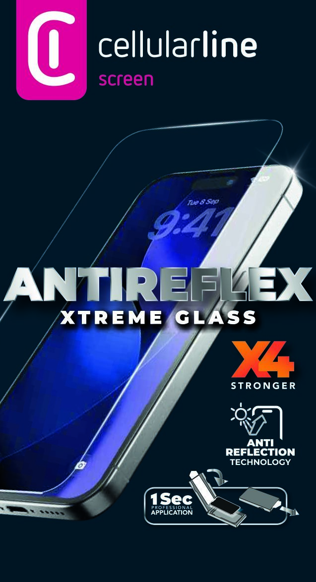 Cellularline Antireflex Xtreme Glass Displayschutz für ein Smartphone mit Reflexionsschutz.