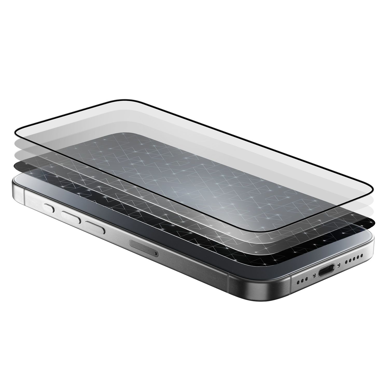 Smartphone mit mehreren transparenten Displayschutzfolien, die über dem Bildschirm schweben.