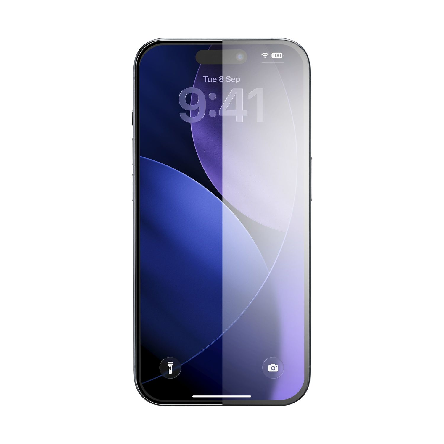 Ein Smartphone zeigt den Sperrbildschirm mit blauen und violetten Mustern, der Uhrzeit 9:41 und dem Datum 8. September.