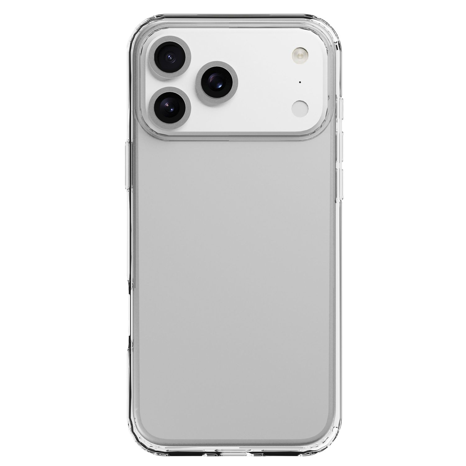 Rückseite eines Smartphones in einer transparenten Hülle mit dreifacher Kamera.