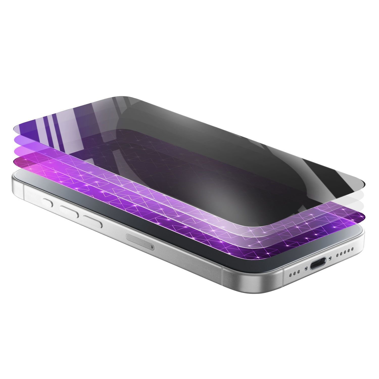 Ein Smartphone mit mehreren abgehobenen violetten Displayschutzschichten auf weißem Hintergrund.