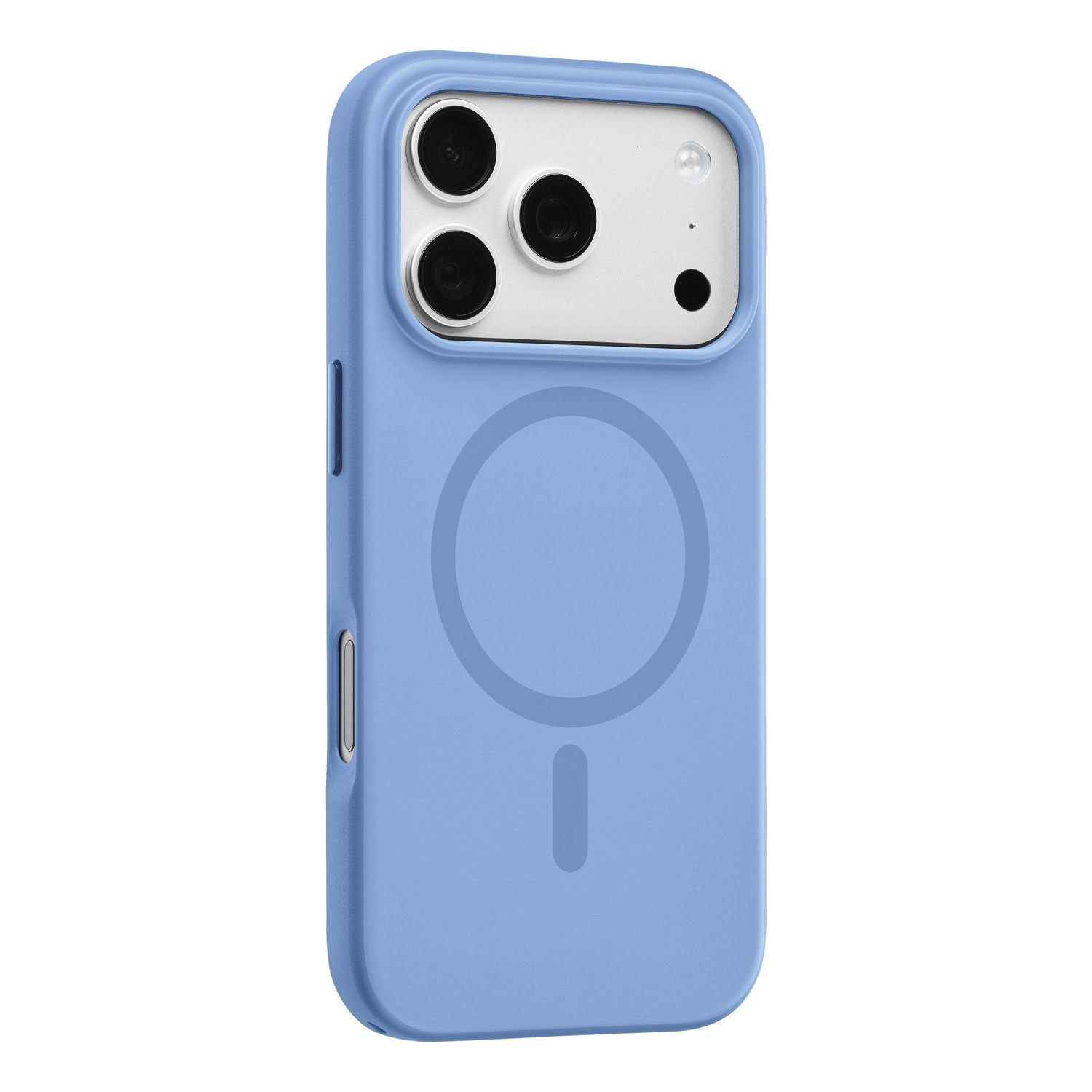 Blaue Smartphone-Hülle mit Magsafe-Kreis und dreifacher Kameraaussparung auf weißem Hintergrund.