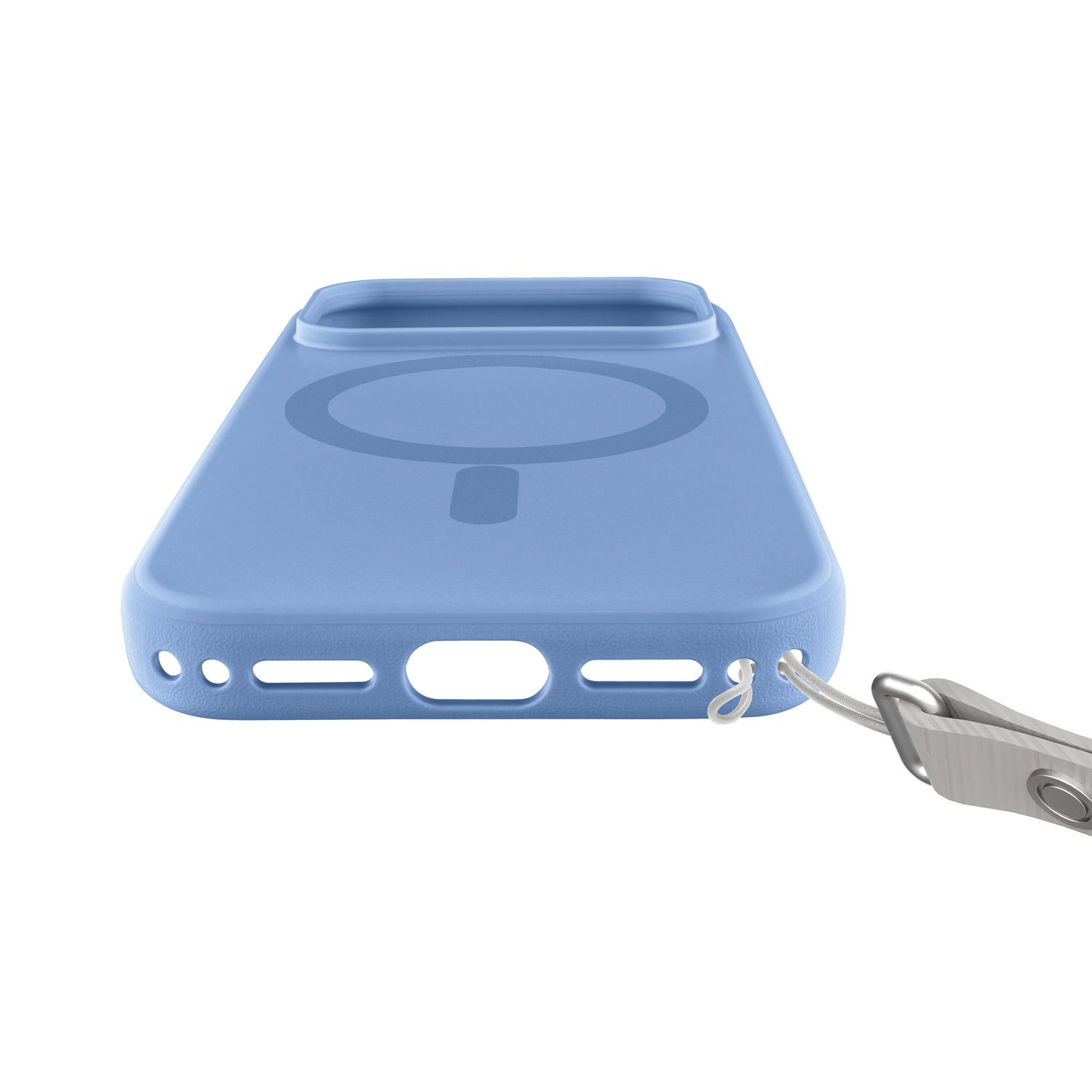 Blaue Handyhülle mit MagSafe-Ring, Ladeöffnungen unten und angebrachter Trageschlaufe auf weißem Hintergrund.