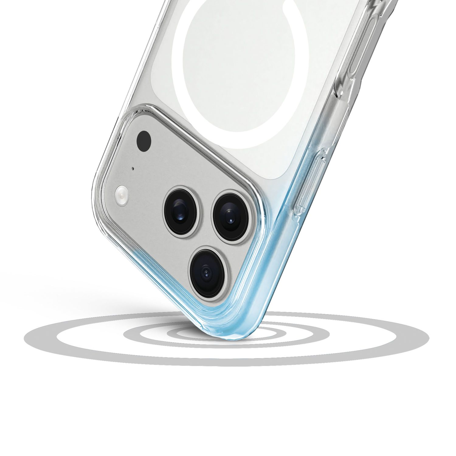 Ein Smartphone in transparenter Schutzhülle mit MagSafe-Ring über grauen konzentrischen Kreisen.