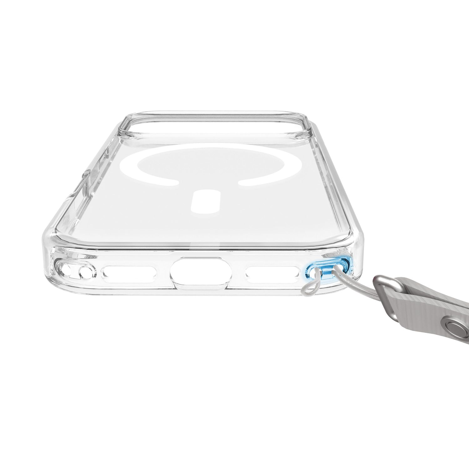 Eine transparente Handysülle mit MagSafe-Ring und einer Kordel an der Ecke vor weißem Hintergrund.