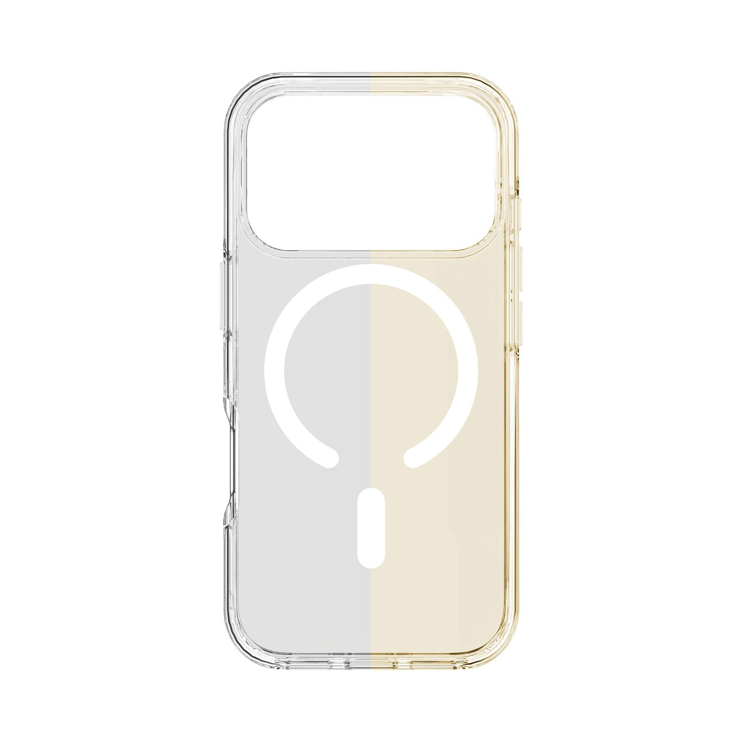 Transparente Handyhülle mit Magnetring auf weißem Hintergrund.