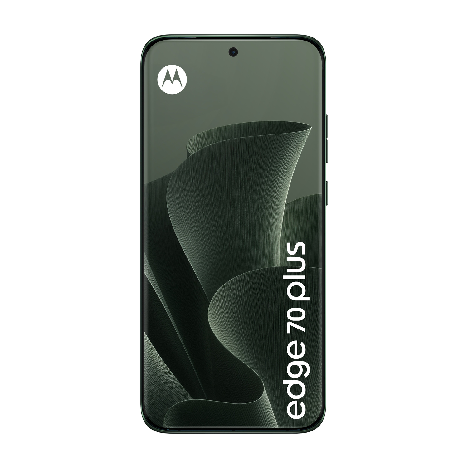 Vista frontale dello smartphone verde Motorola Edge 70 Plus con display curvo.