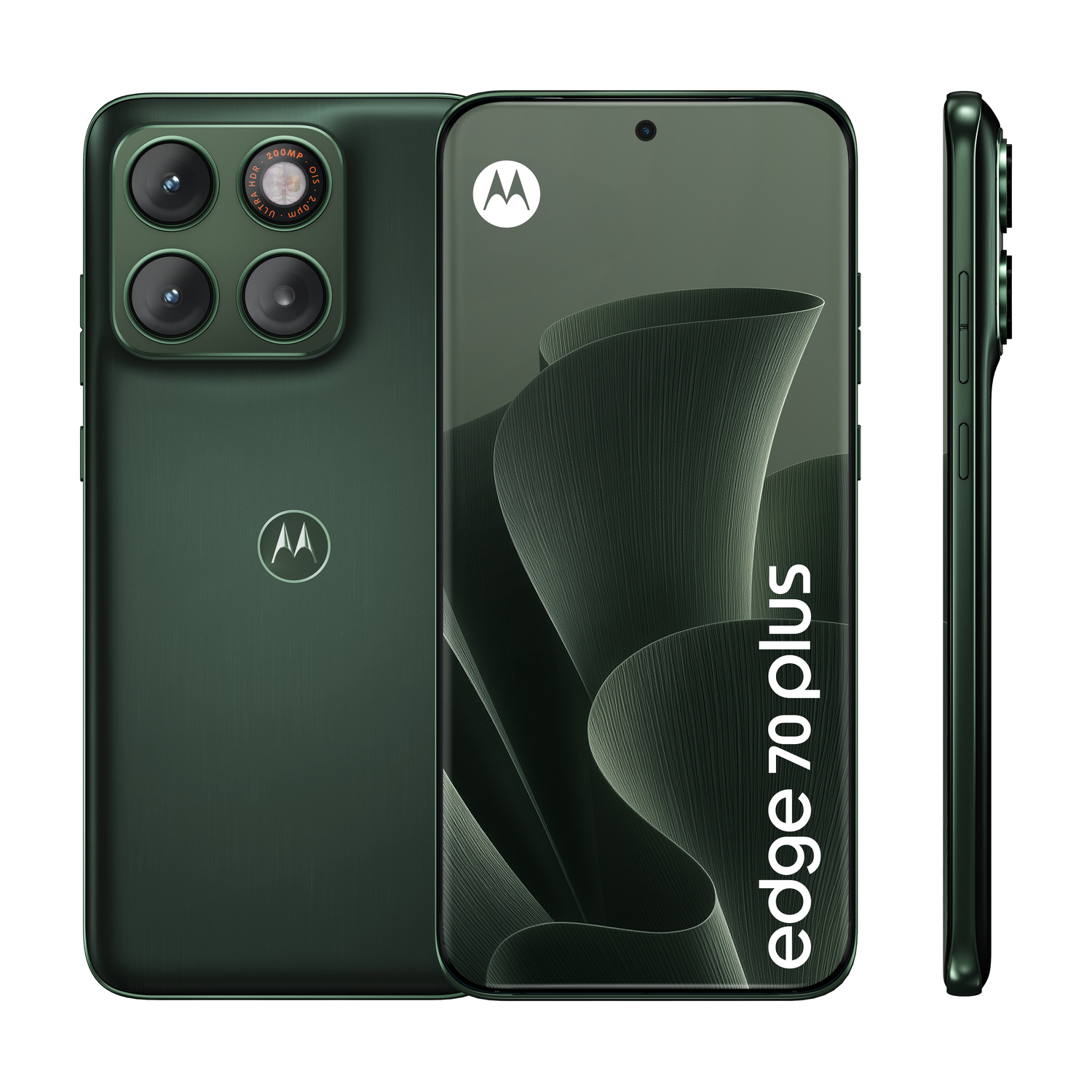 Tre viste di uno smartphone Motorola Edge 70 plus verde scuro che mostrano il retro, lo schermo frontale e il profilo.