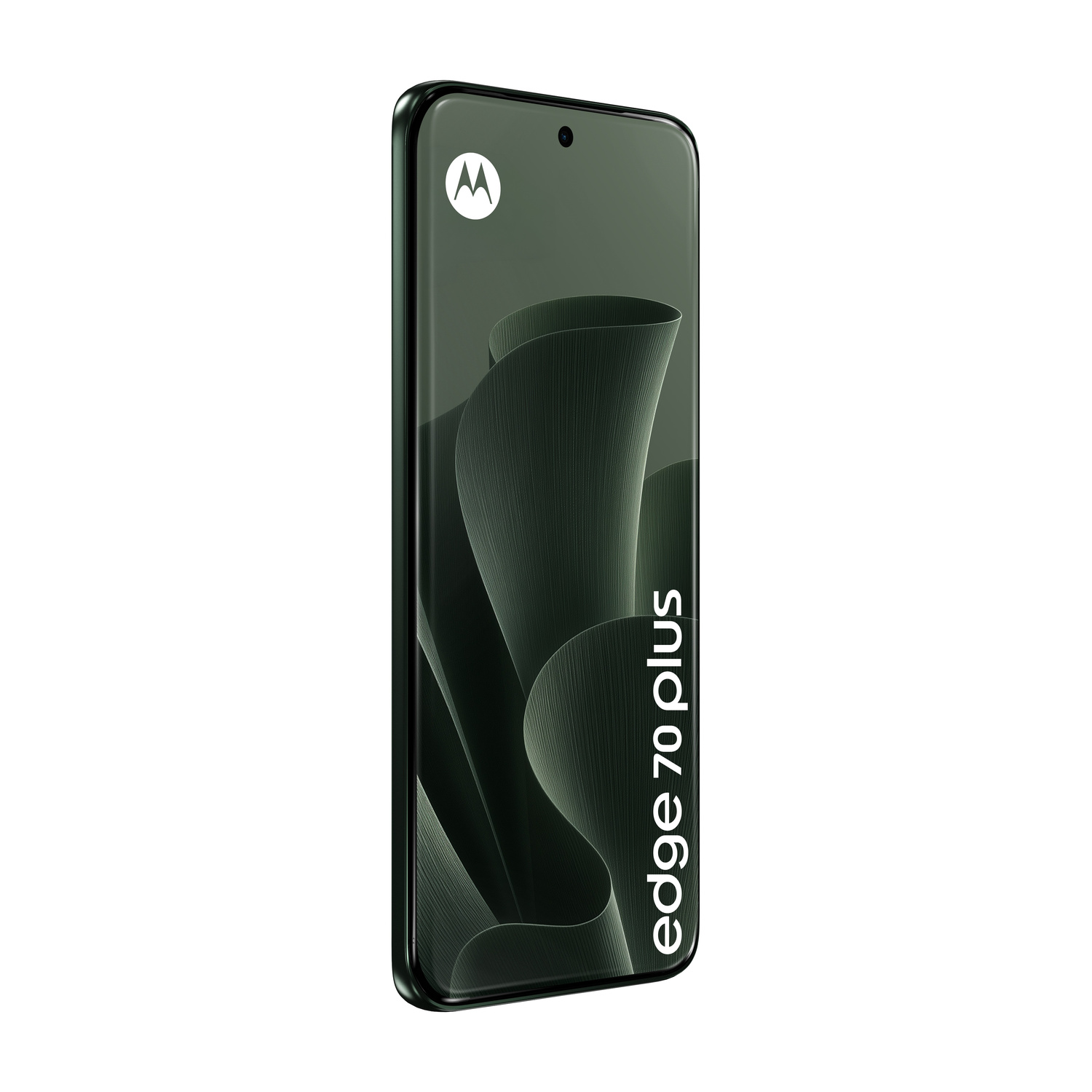 Smartphone Motorola Edge 70 Plus con sfondo verde e testo sullo schermo.
