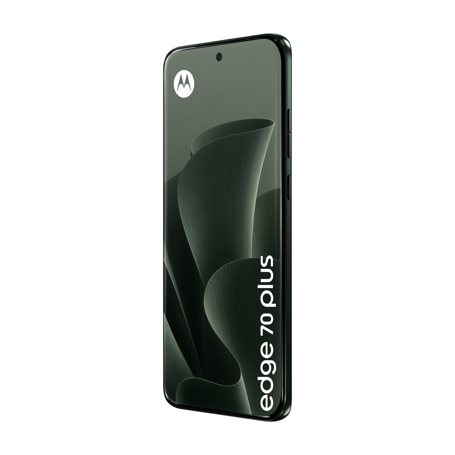 Uno smartphone Motorola Edge 70 plus verde scuro mostra uno sfondo verde astratto ondulato e testo.