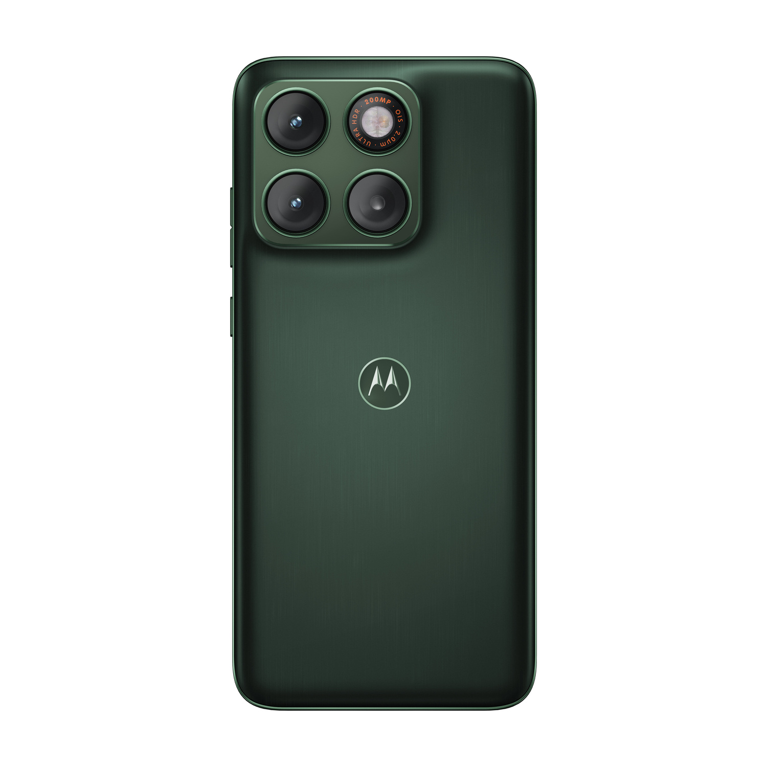 Retro di uno smartphone Motorola verde scuro con modulo a tripla fotocamera e logo centrale su sfondo bianco.