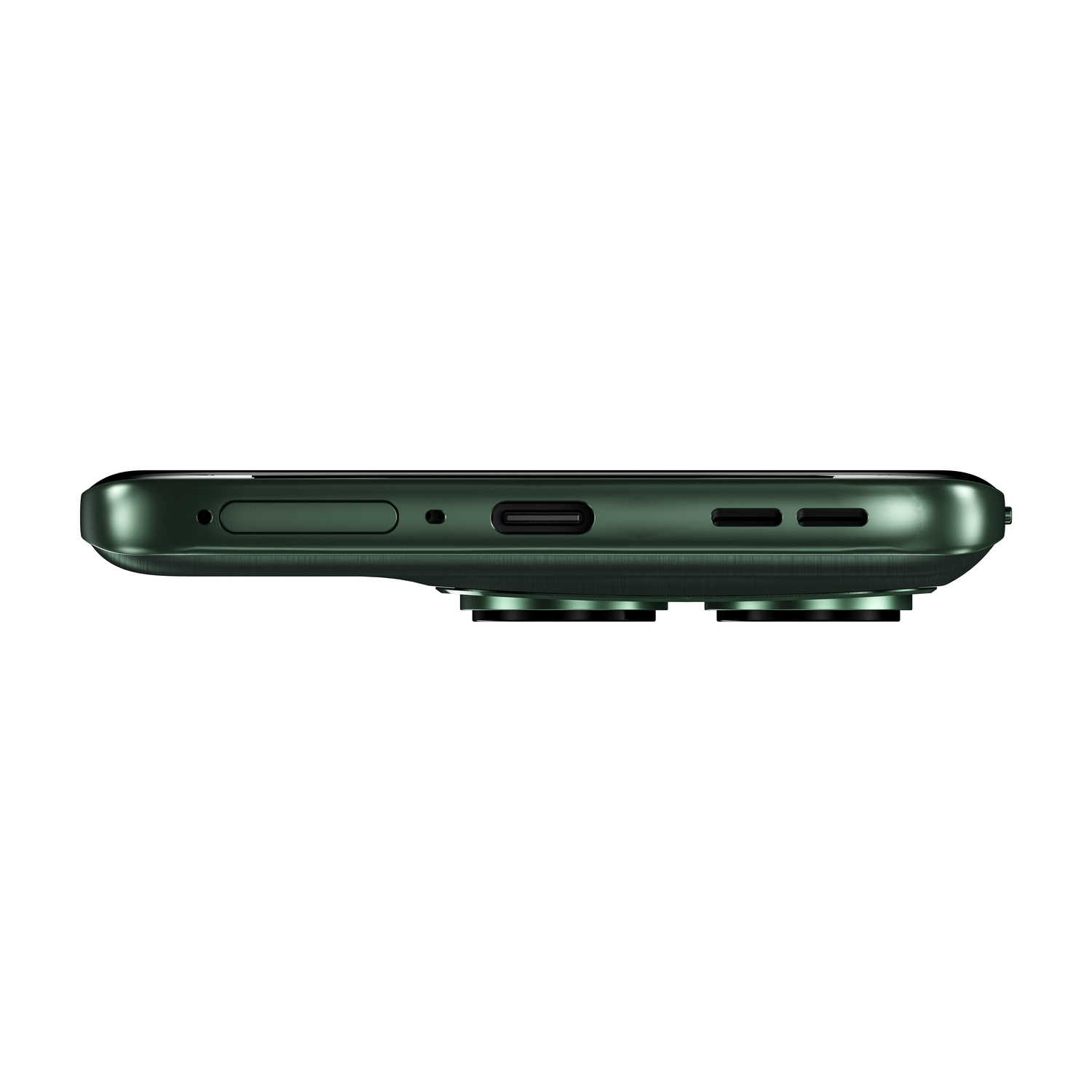 Vista inferiore di uno smartphone verde con slot SIM, porta USB-C e altoparlanti.
