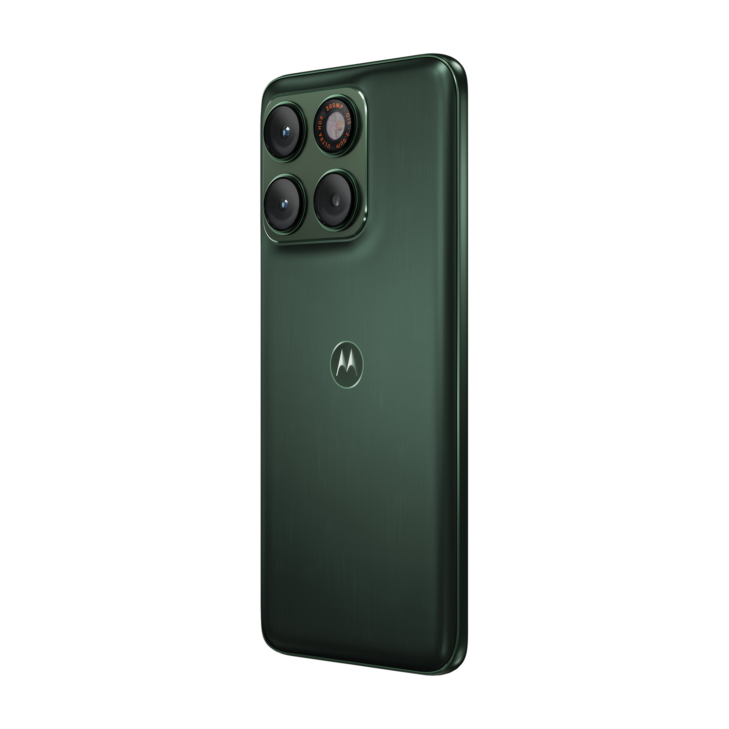 Vista posteriore di uno smartphone verde scuro con modulo a quattro fotocamere e logo Motorola.