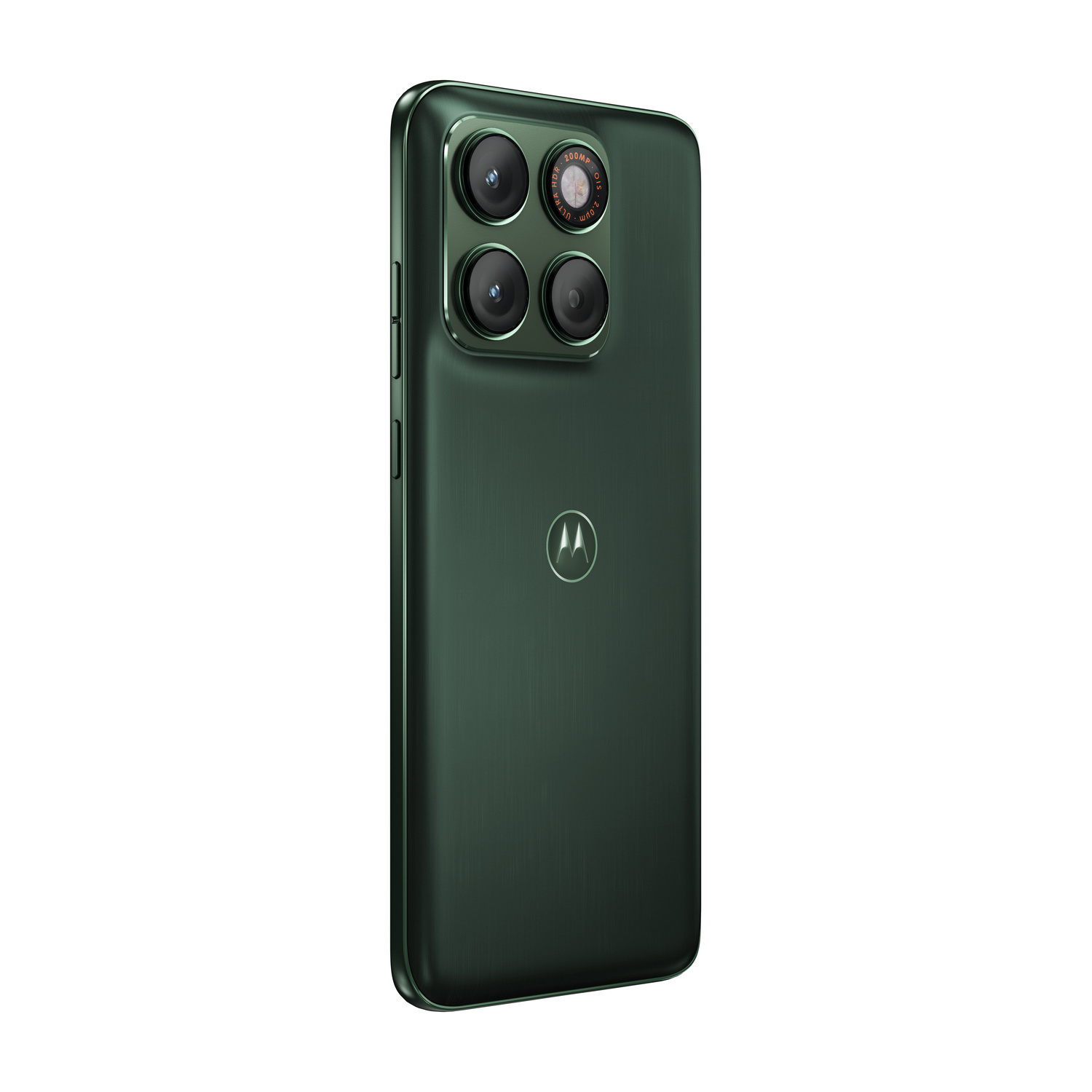 Smartphone Motorola verde scuro visto da dietro, con modulo a quattro fotocamere e logo centrale.