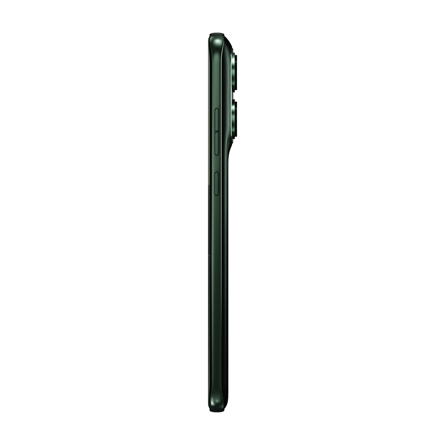 Uno smartphone verde scuro visto di lato, che mostra i tasti e la fotocamera.