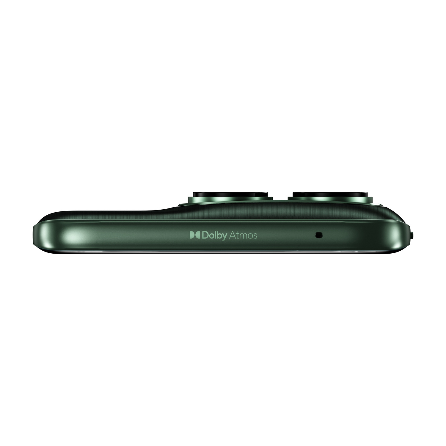 Vista laterale di uno smartphone verde con il logo Dolby Atmos.