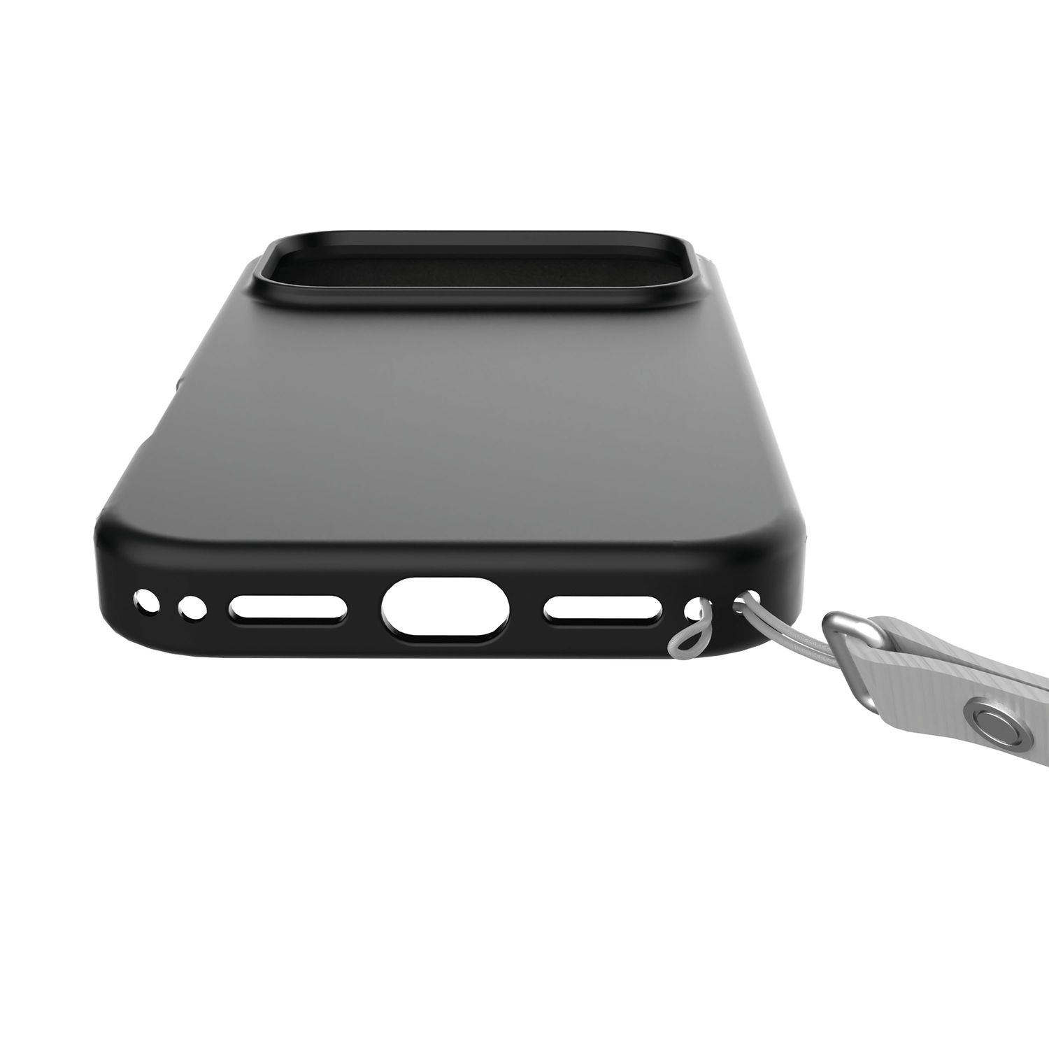 Eine schwarze Smartphone-Hülle mit hellgrauem Band, von unten vor weißem Hintergrund.
