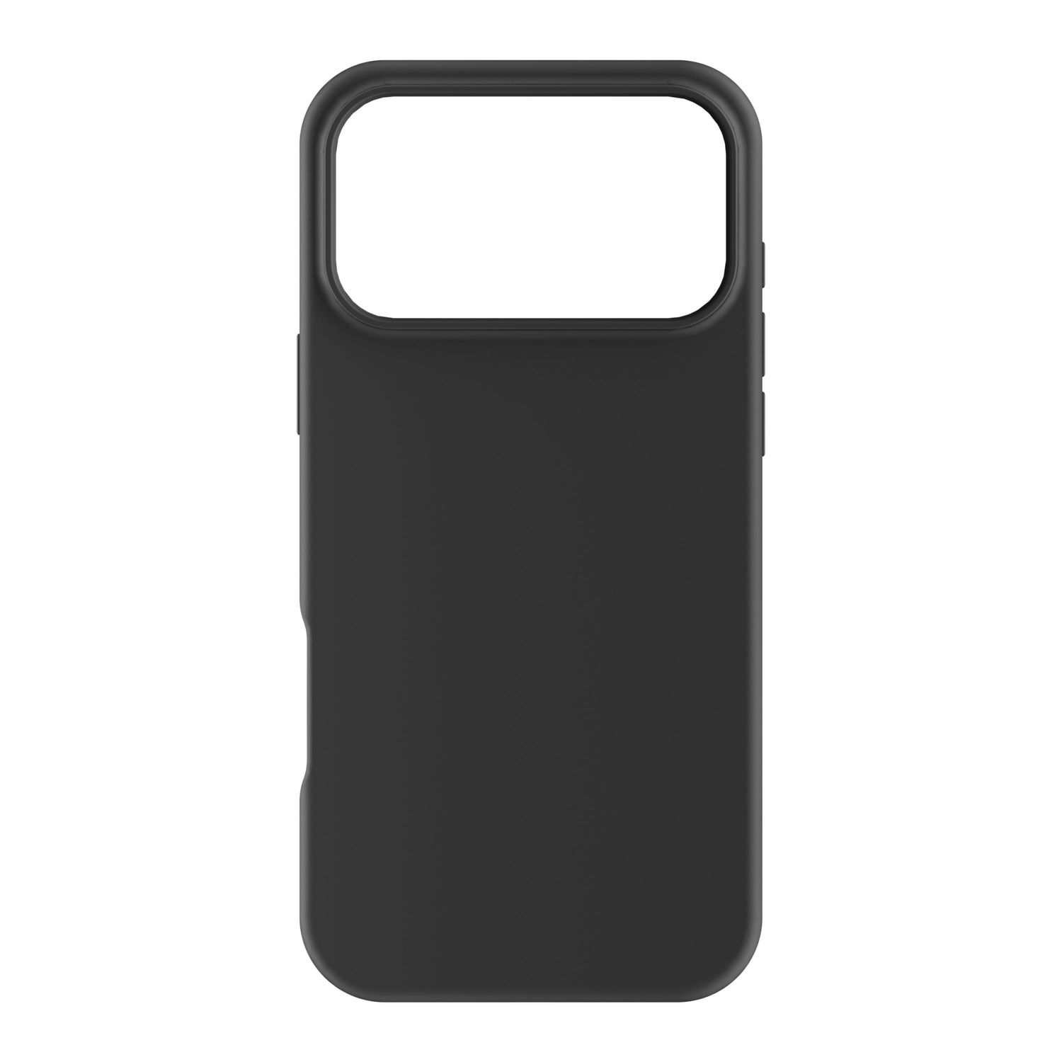 Eine einfarbige schwarze Smartphone-Hülle mit einer grossen rechteckigen Aussparung oben für die Kamera.