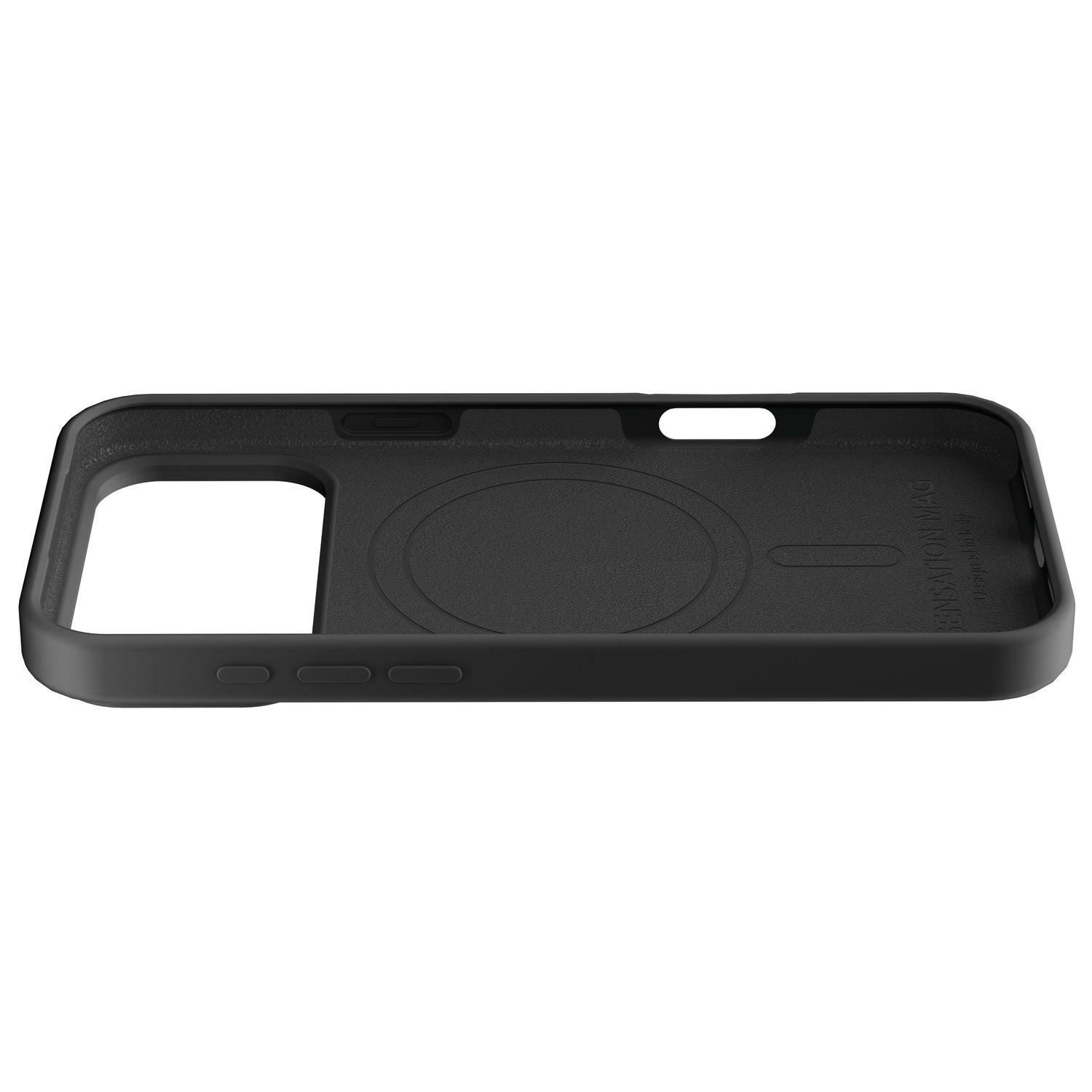 Eine schwarze Smartphone-Hülle von innen mit kreisrundem MagSafe-Symbol auf weißem Hintergrund.