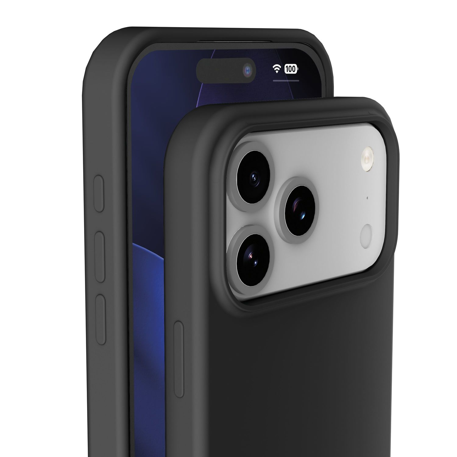 Zwei schwarze Smartphone-Hüllen, eine zeigt die Vorderseite, die andere die Dreifachkamera auf der Rückseite.