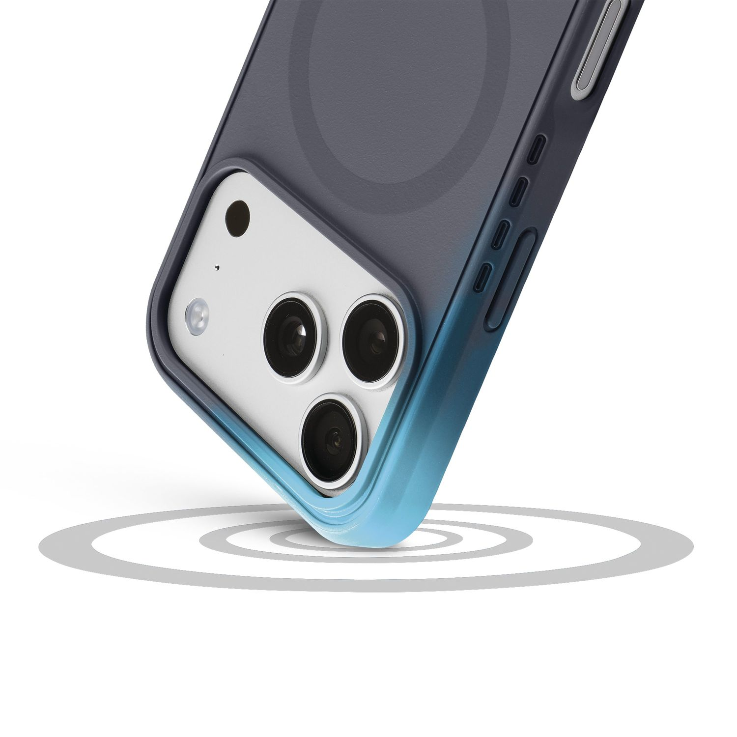 Rückseite eines Smartphones in blauer Hülle mit drei Kameras, über grauen Signalringen auf weißem Grund.