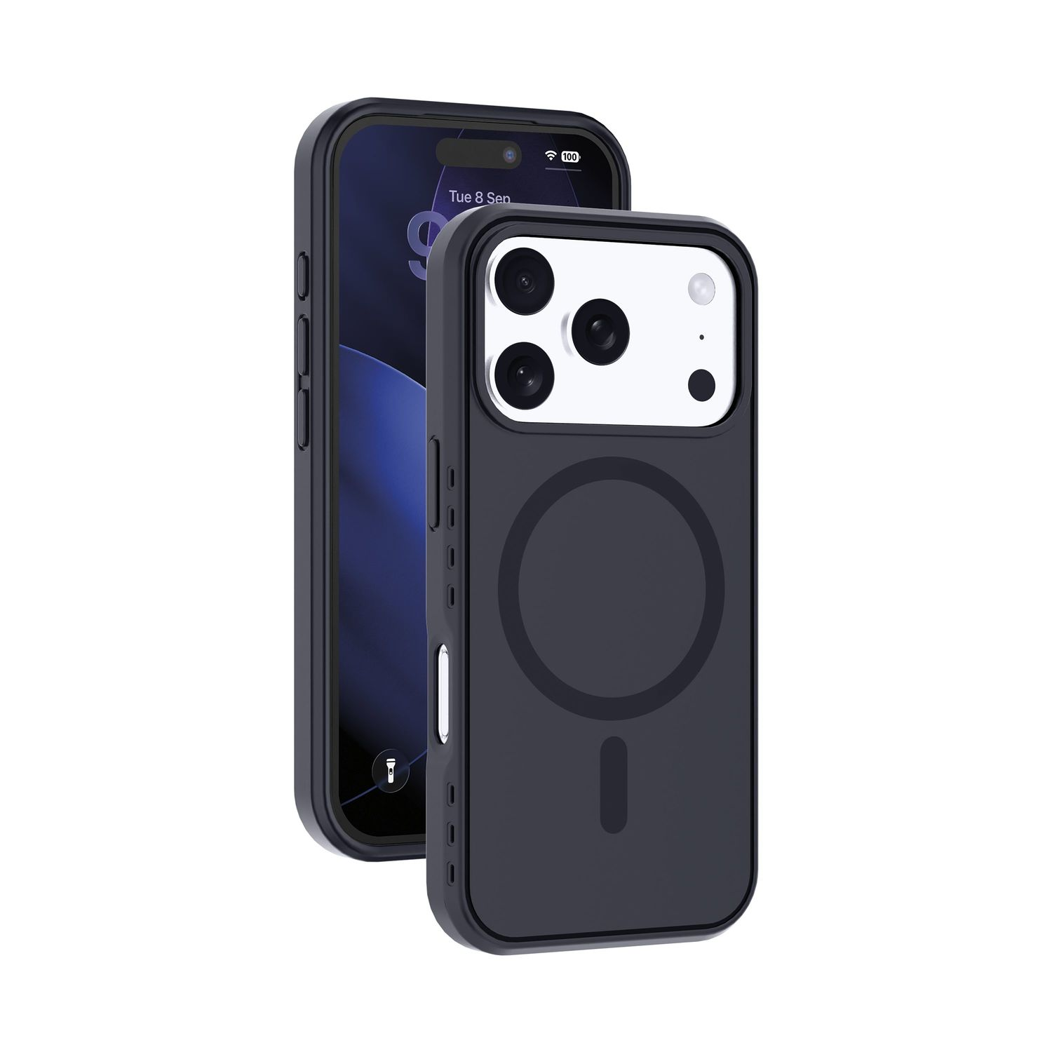 Zwei schwarze Smartphone-Hüllen, eine zeigt die Vorderseite mit blauem Bildschirm, die andere die Rückseite mit Kameras.