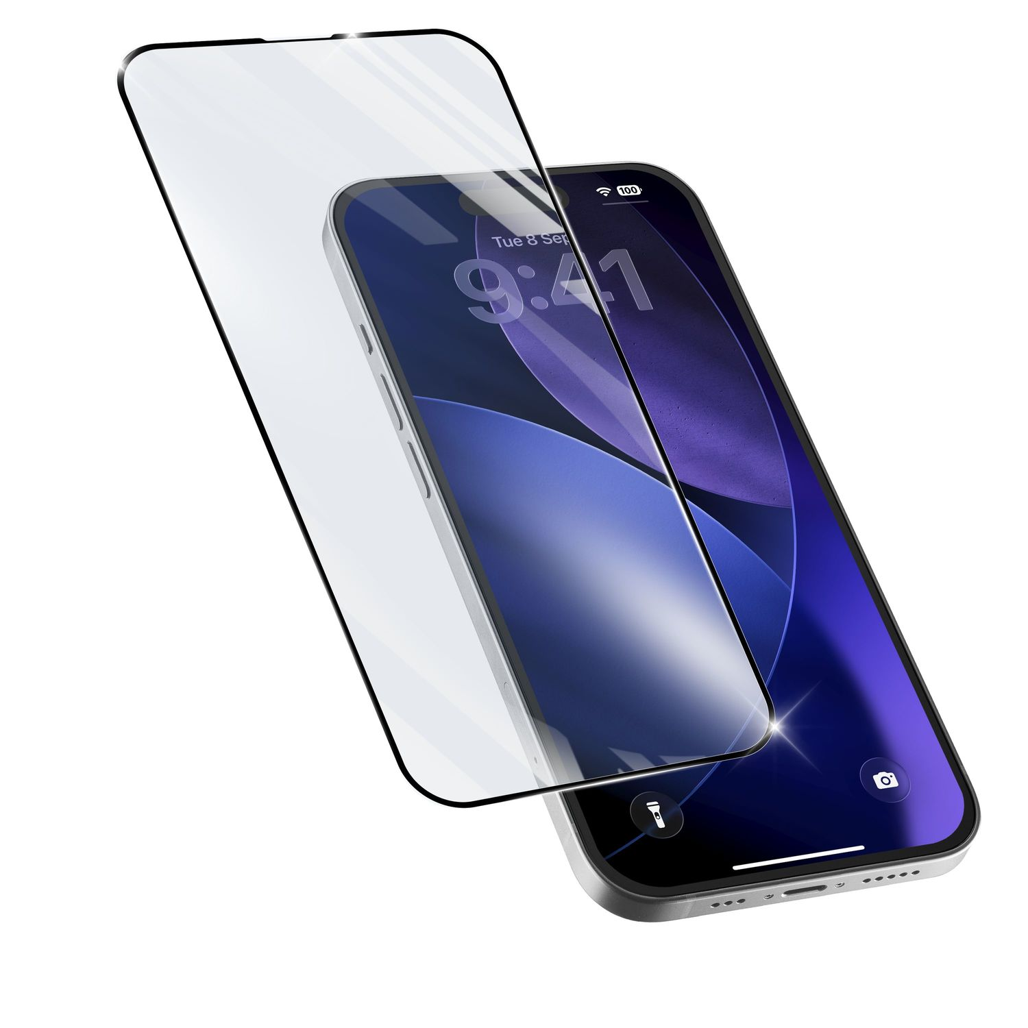 Ein Smartphone und eine transparente Displayschutzfolie schweben leicht schräg vor weißem Hintergrund.