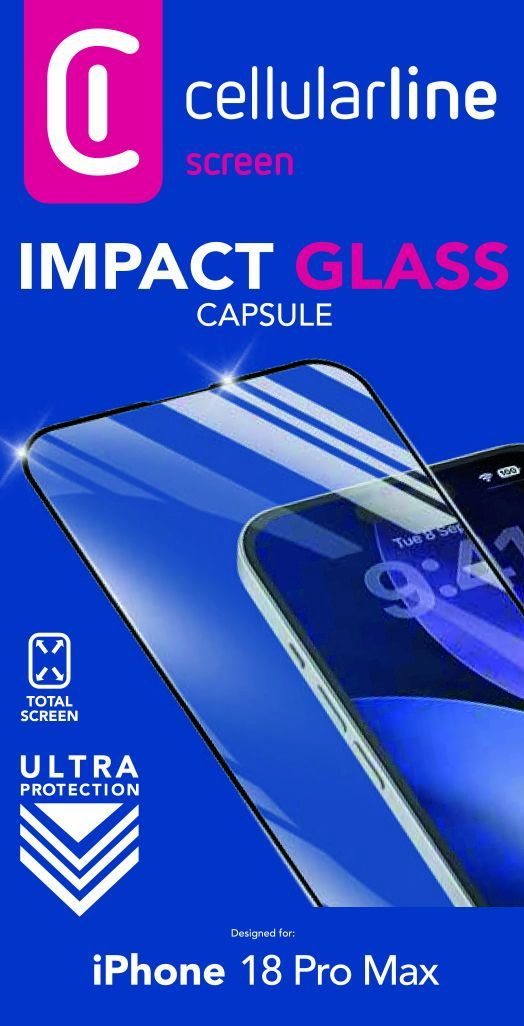 Cellularline Impact Glass Displayschutzverpackung für iPhone 18 Pro Max vor blauem Hintergrund.