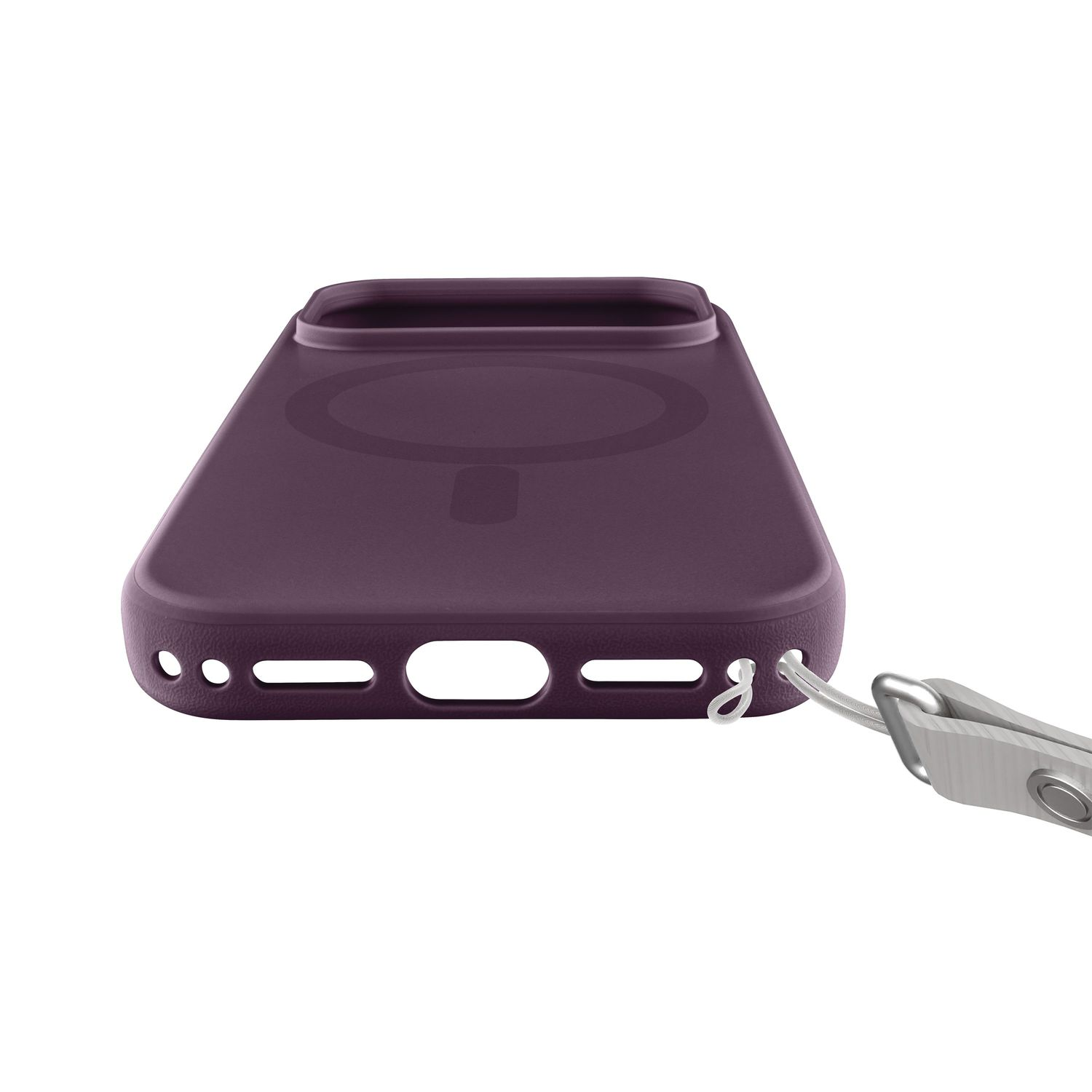Lila Handyhülle mit MagSafe und grauem Trageriemen.